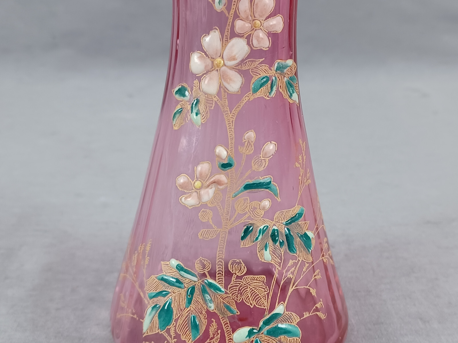 French Legras Hand Enameled Pink & White Floral Cranberry 6 1/4 Inch Vase