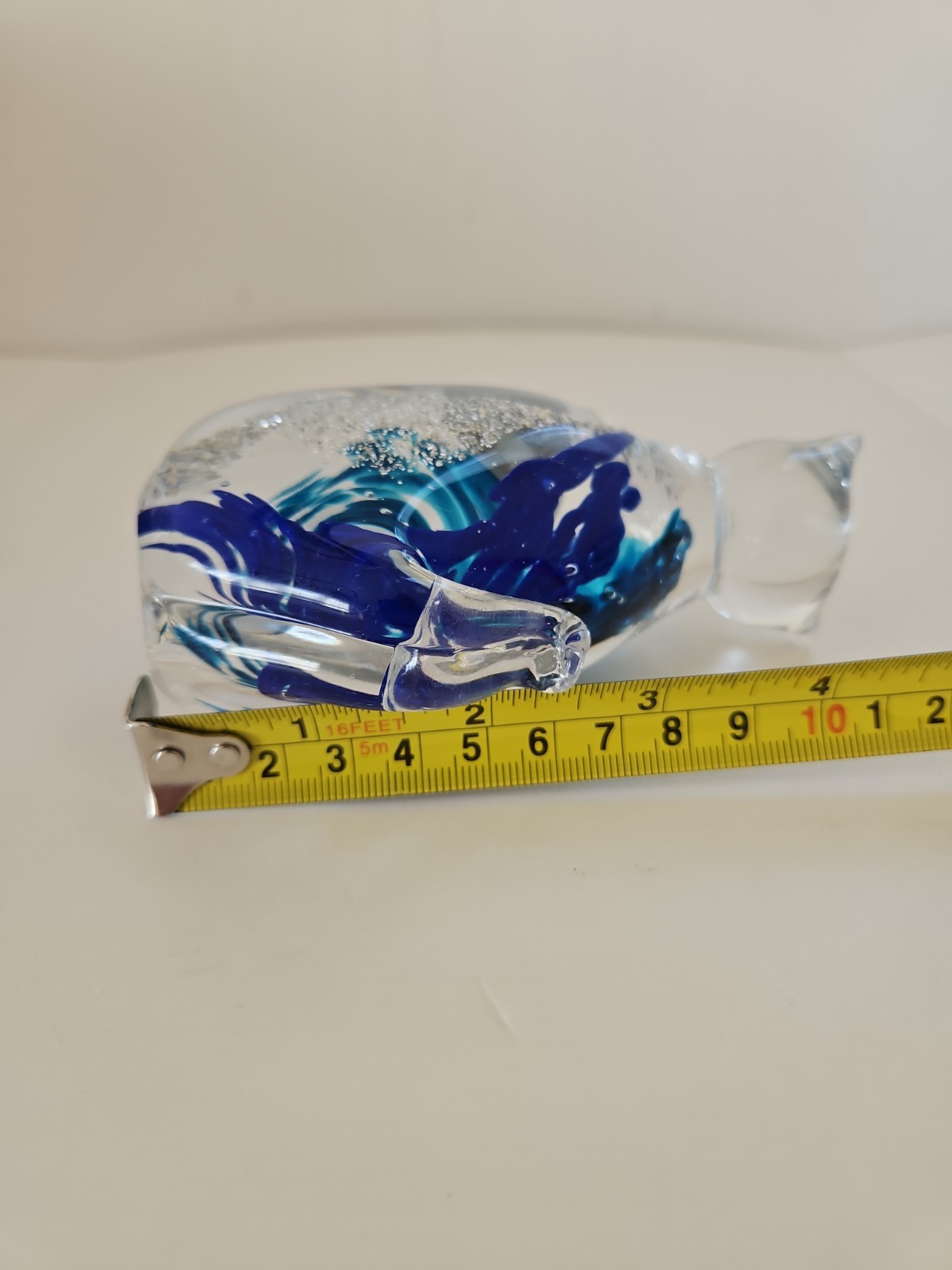 Murano Art Glass Cat Figurine Cobalt Blue/Teal to Clear With Glitter 4.5″ Tall