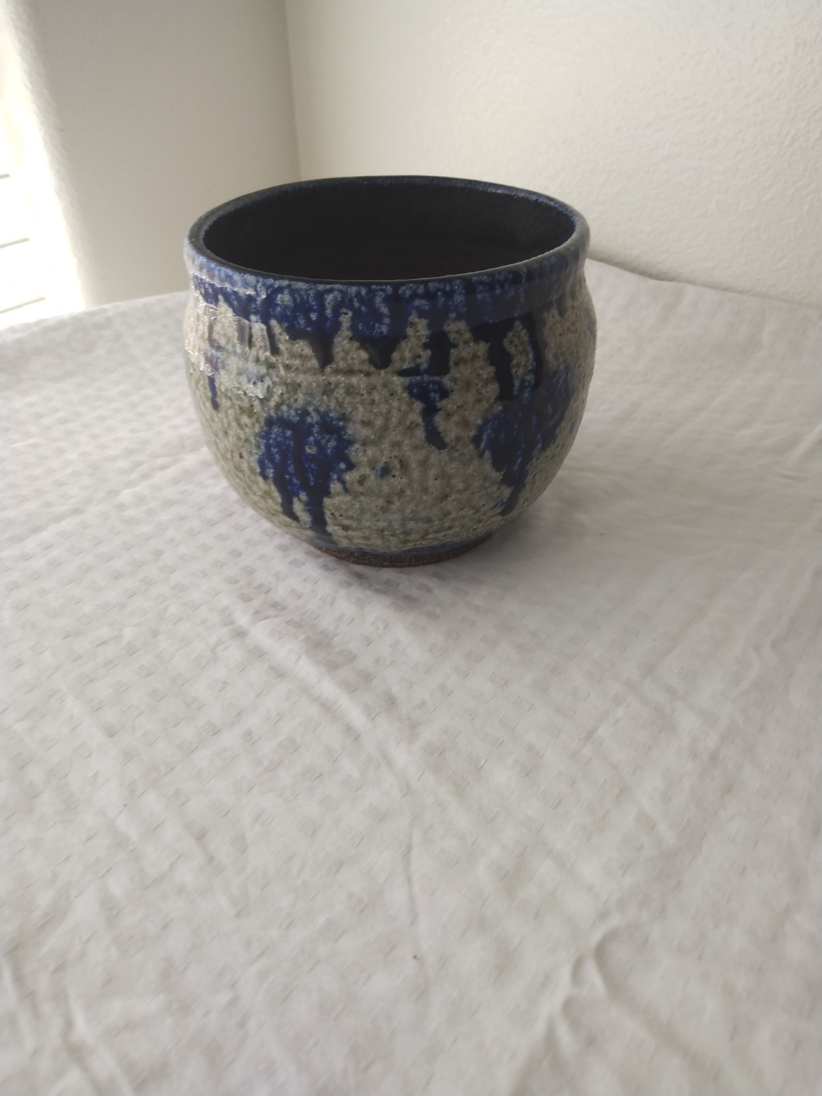 Vintage Pottery Ceramic Stoneware Blue/Black/Brown & Ivory Planter Glaze