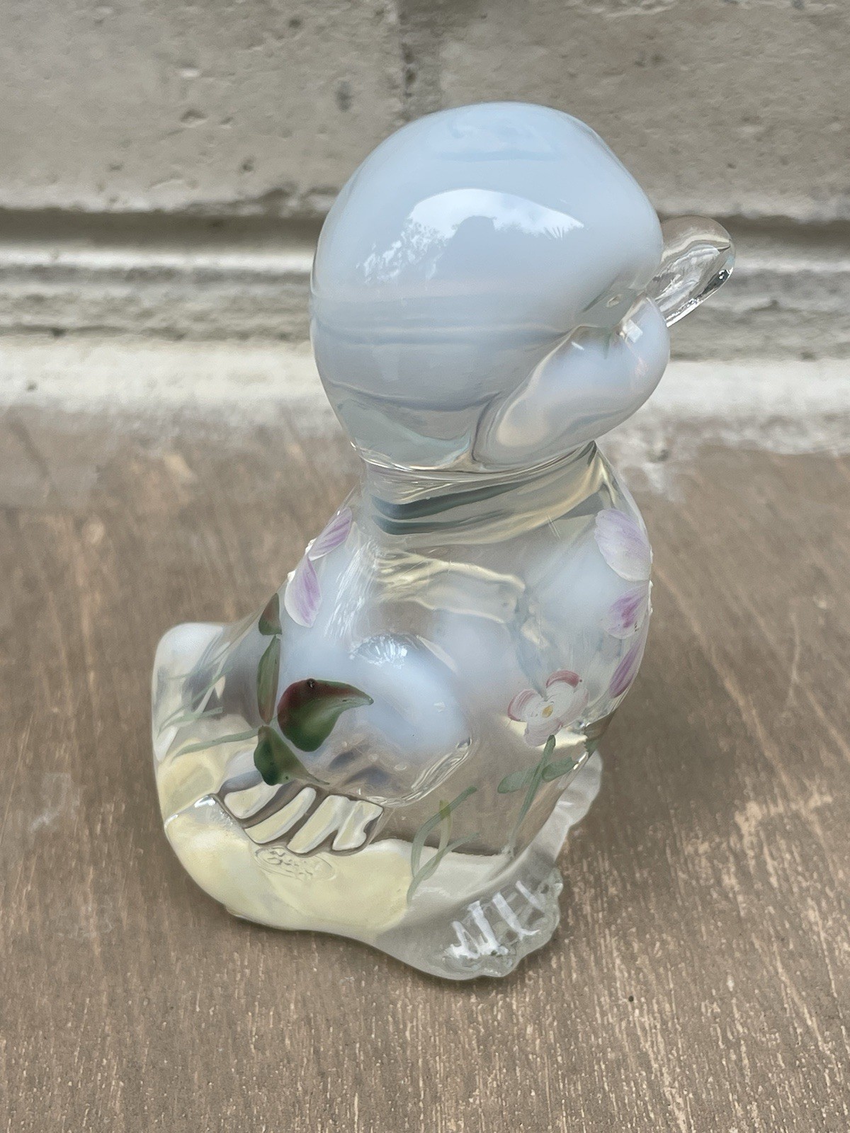 Vintage Fenton Glass Opalescent Duck With Hand Painted Flowers Signed White