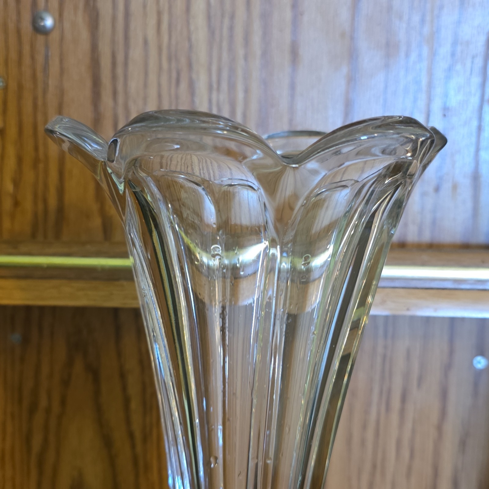 Clear Glass Vase 15 in Tall Fluted Floral Pattern Flared Scalloped Rim