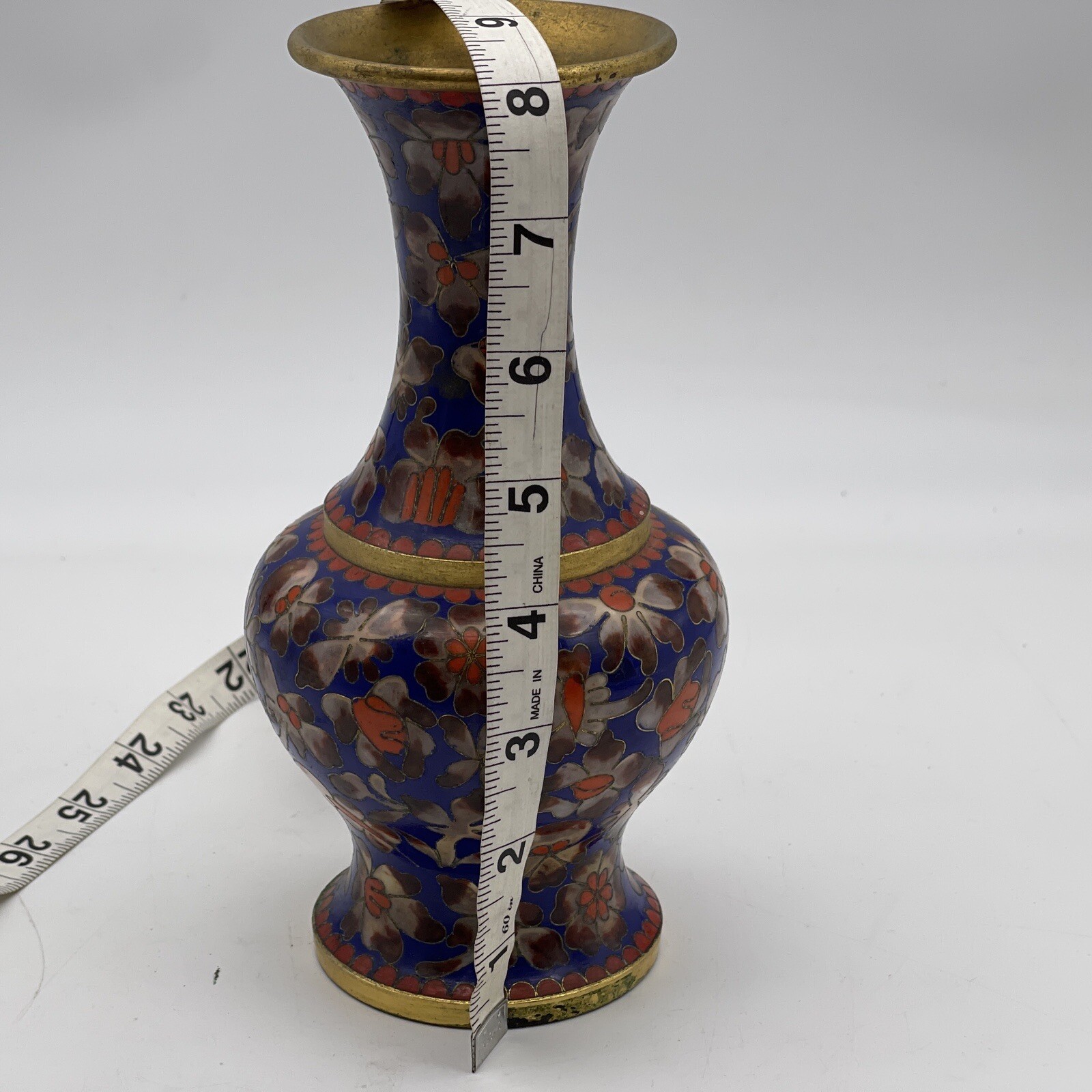 Cloisonné Vase Enameled Blue Orange Floral 8” Small Vintage