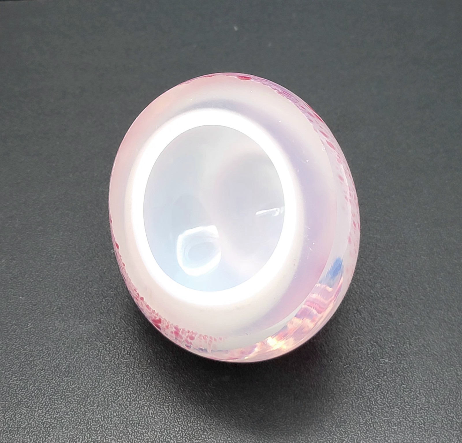 Art Glass White Mould Blown Cut Glass Pink Spatter 1980’s Small Paperweight 2.5″