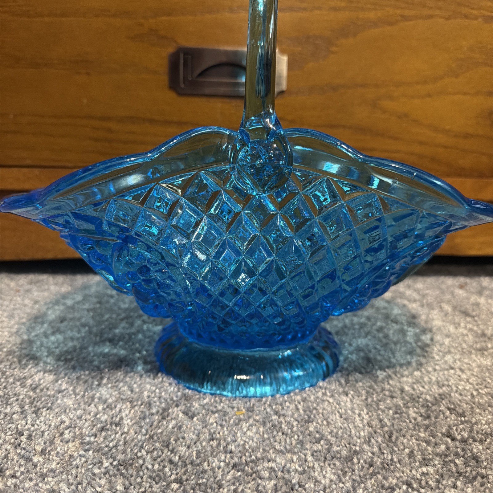 Vintage Indiana Glass Tiara Blue Glass Basket with Handle, Diamond Point