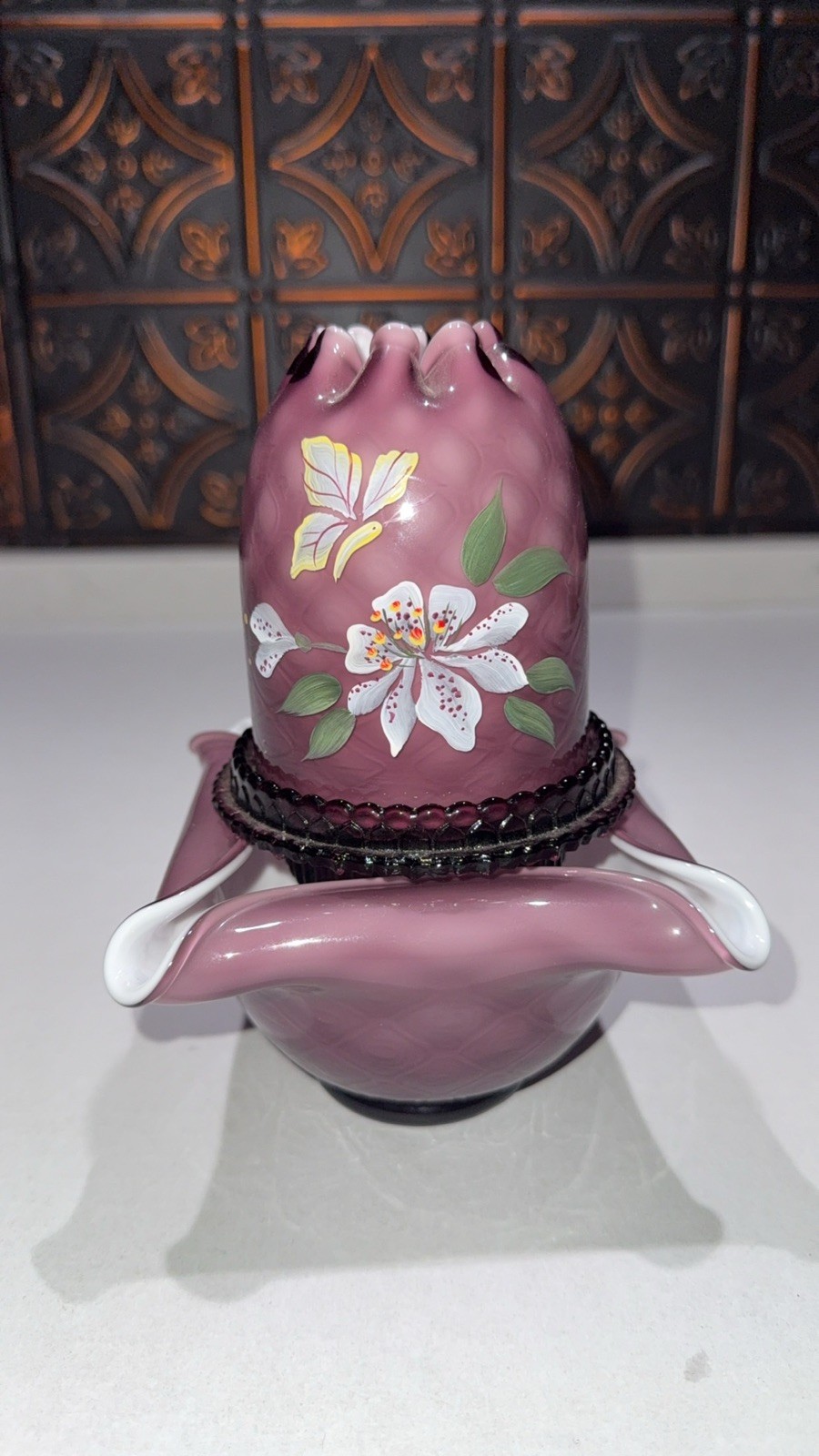 Fenton QVC “Sweetbriar” Glows Plum Purple Overlay 3pc Fairy Lamp D Barbour