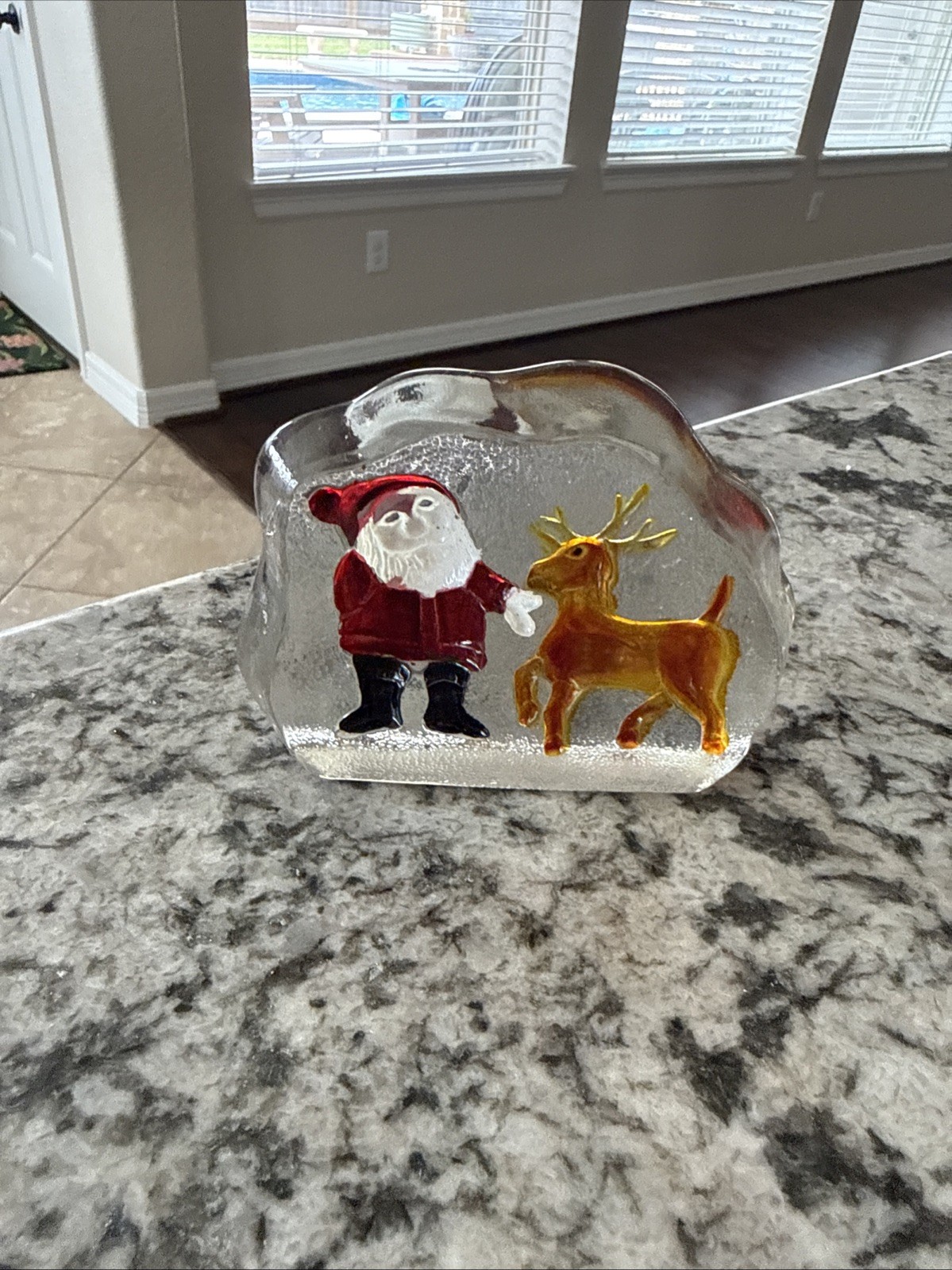 Vintage Glass Paperweight Christmas Santa Rudolph Painted Art Glass