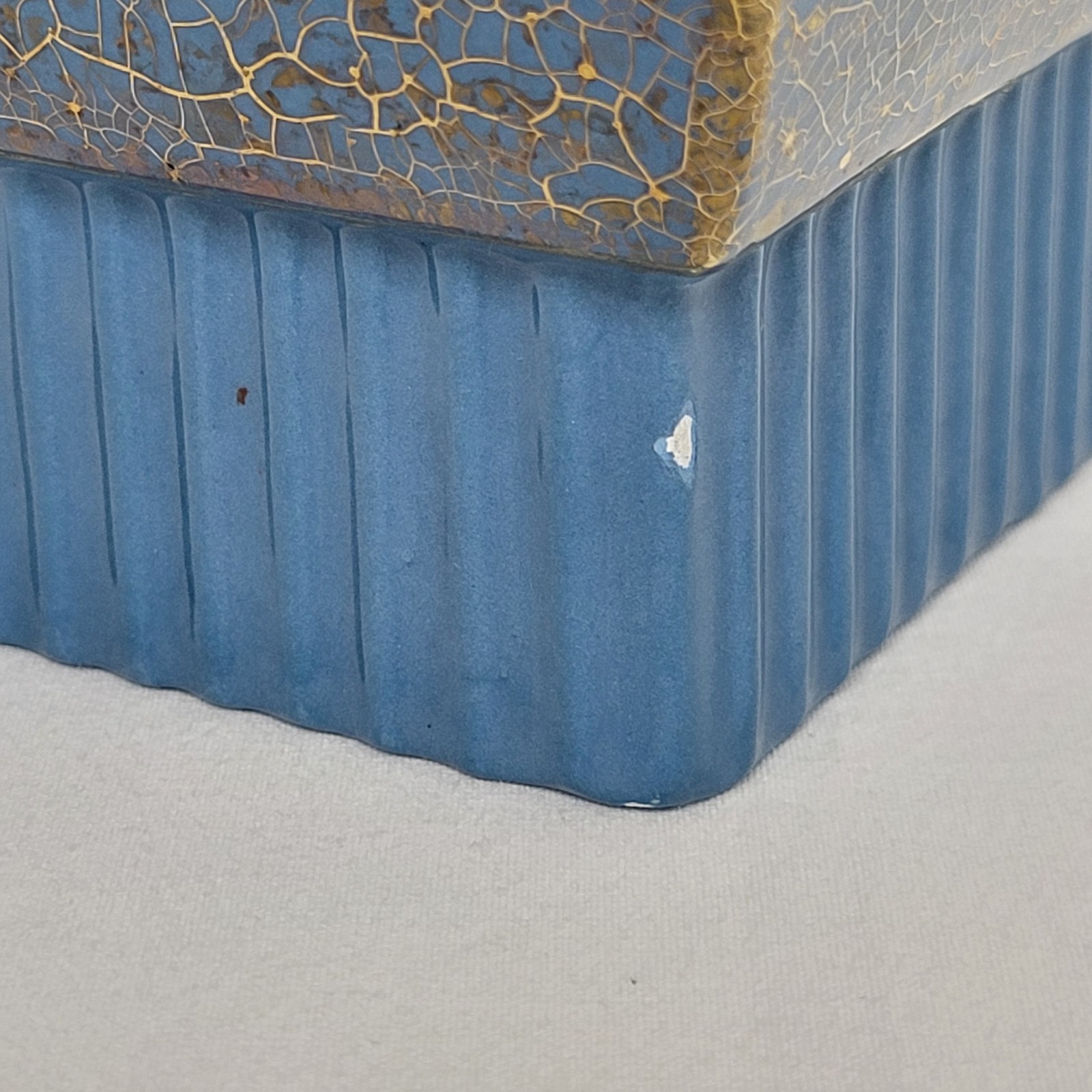 Vintage Ceramic Blue Gold Crackle 10 1/4″ Square Vase