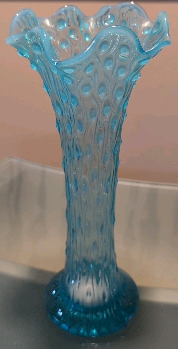 Vintage Northwood Swung Glass Vase Blue Aqua Tree Trunk 10″