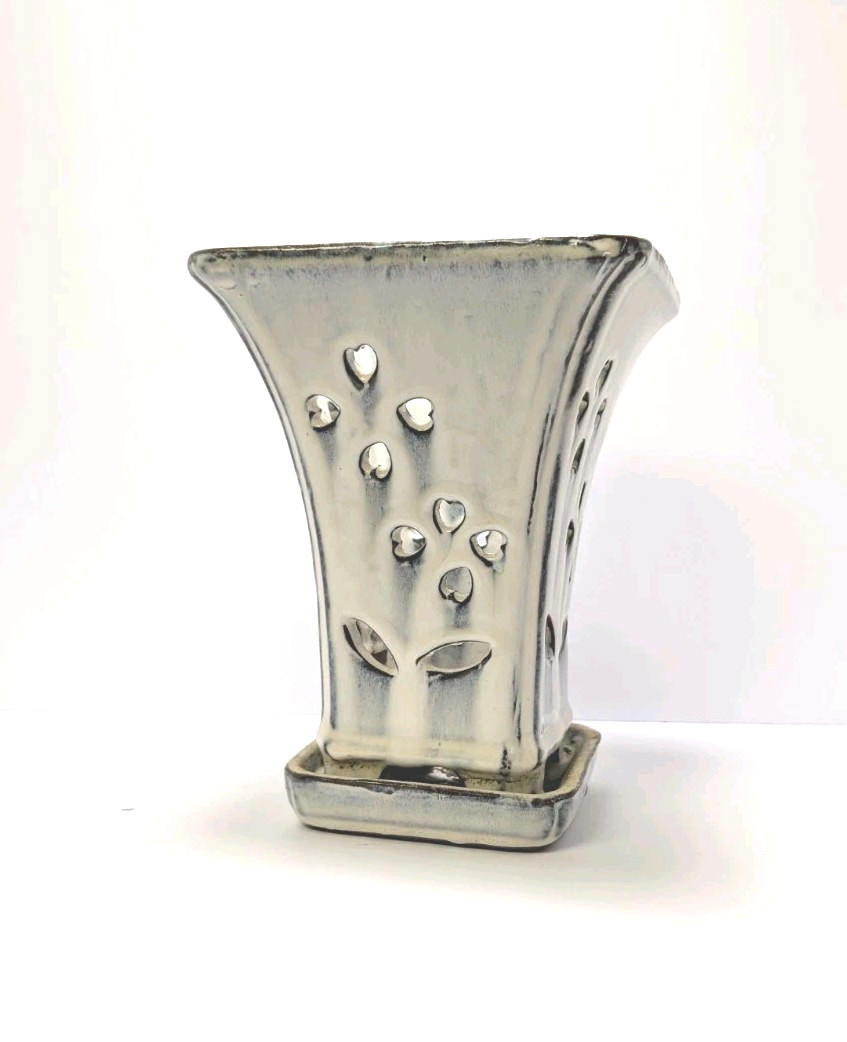 Vintage Orchid Planter White Bluish Gray Accent Glazed Clay Pottery Drip Tray 8″