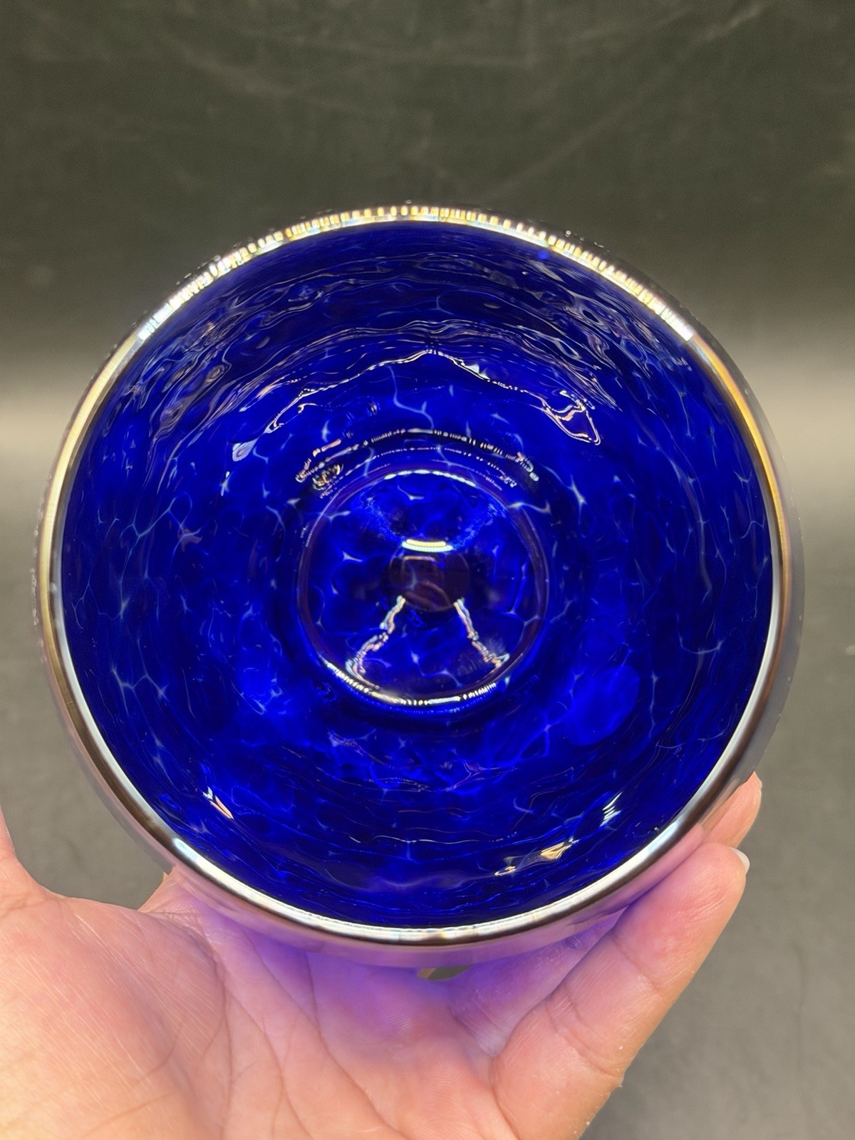 VTG Glass Eye Studio Blue Purple Iridescent Art Glass Votive Candle Holder 5″