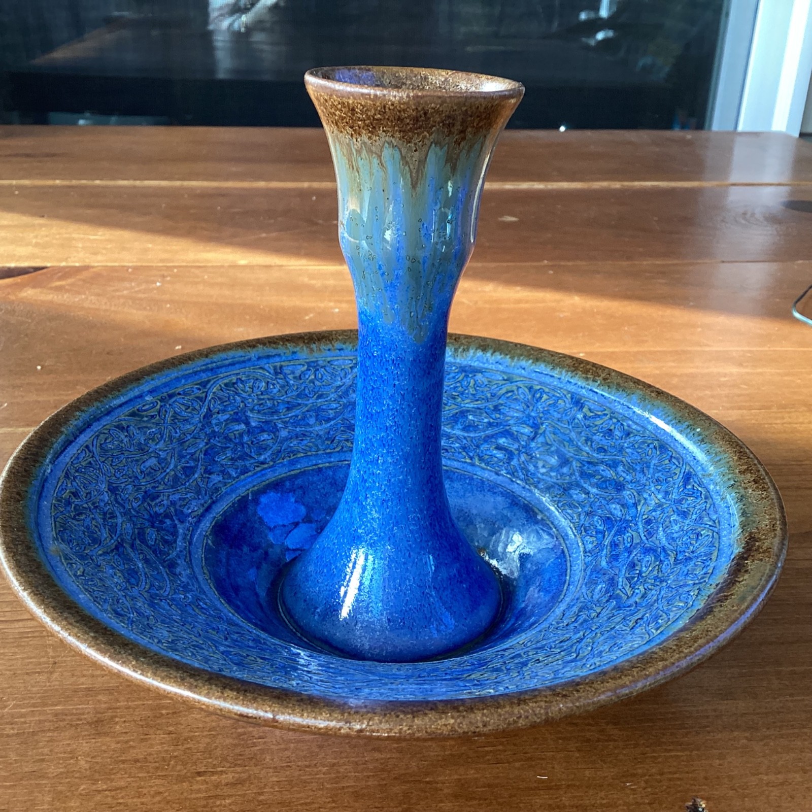 Douglas Ferguson Signed Blue & Brown Drip Glaze Candlestick Holder