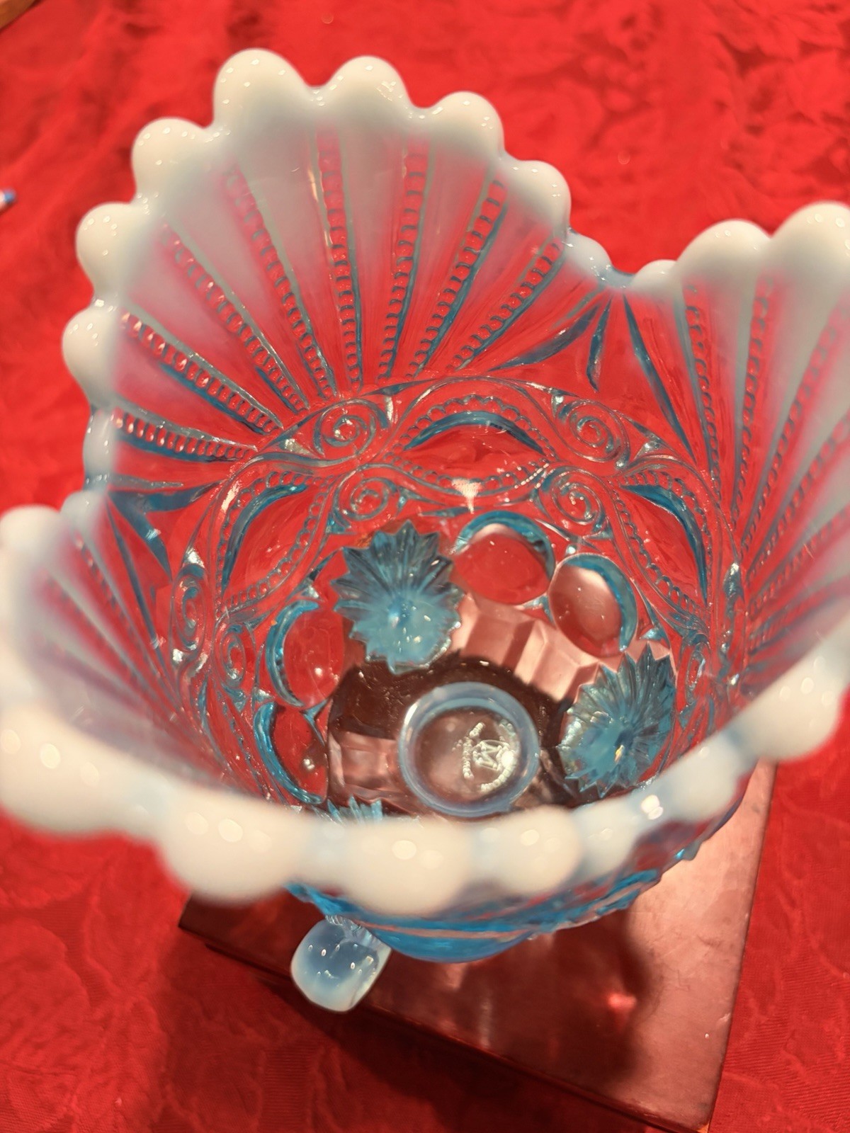 Vintage Mosser Blue Opalescent Eyewinker Spooner Glass Vase Ex Con Signed 6”
