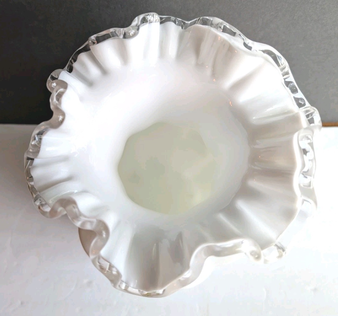 Fenton Silvercrest Hand Painted Violets in the Snow Ruffled Large VaseMilk Glass