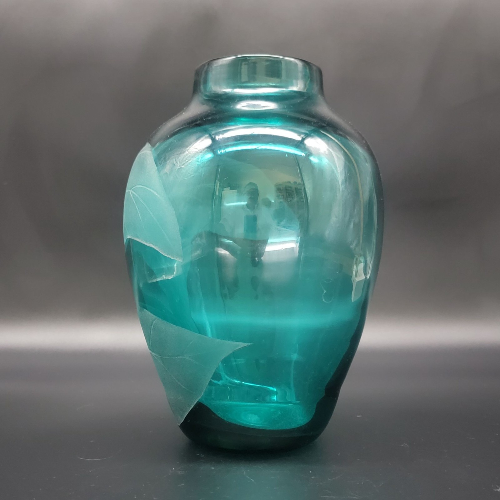 Vintage Teal Art Glass Vase Sand Etched Signed 1990 Tropical Decor