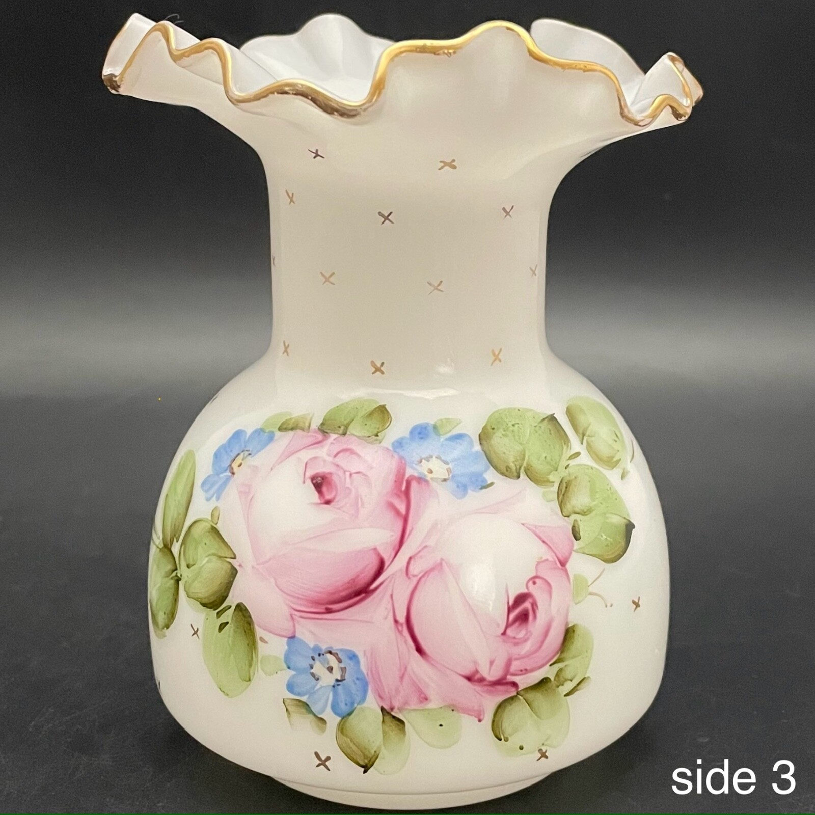 Fenton Art Glass Charleton Roses Ruffled Milk Glass Bud Vase c1940-1959 USA 5.5″