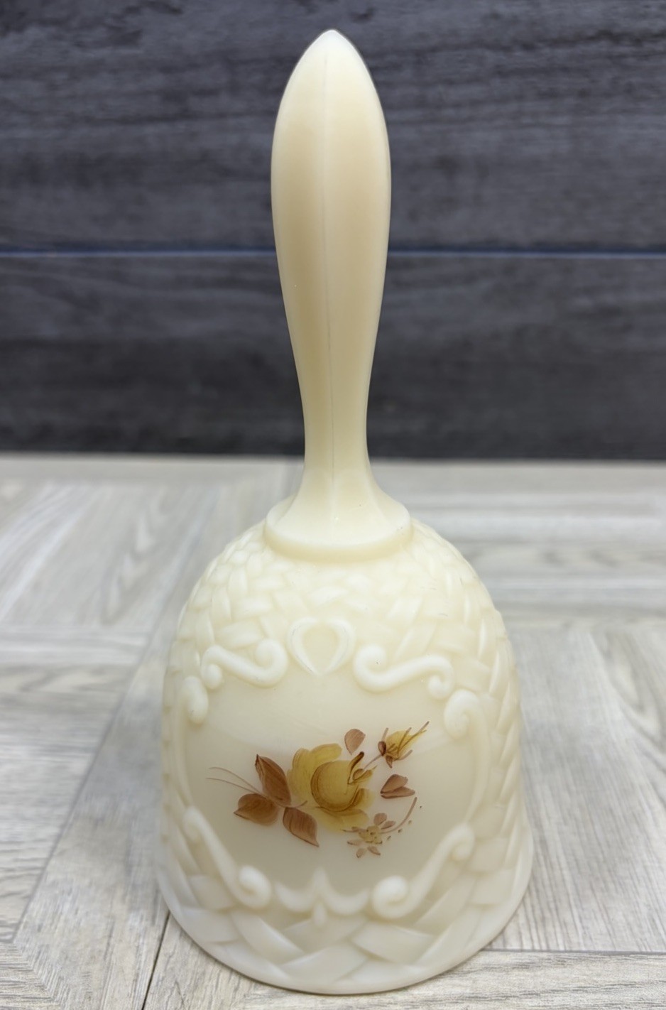 Fenton Art Glass Custard Floral Bell Tan Beige Flower