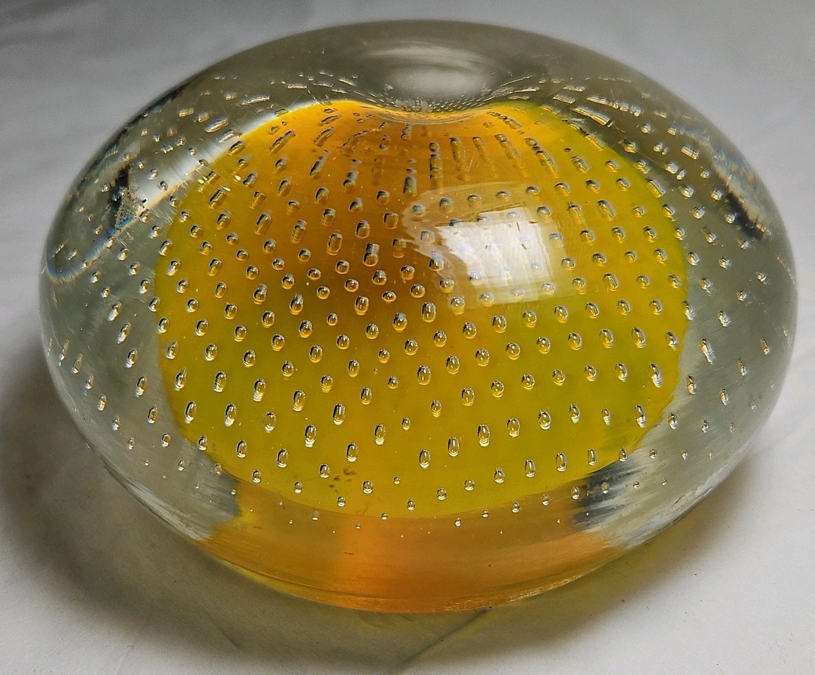 Large Yellow and clear glass paperweight with a controlled bubble bullicante dsn
