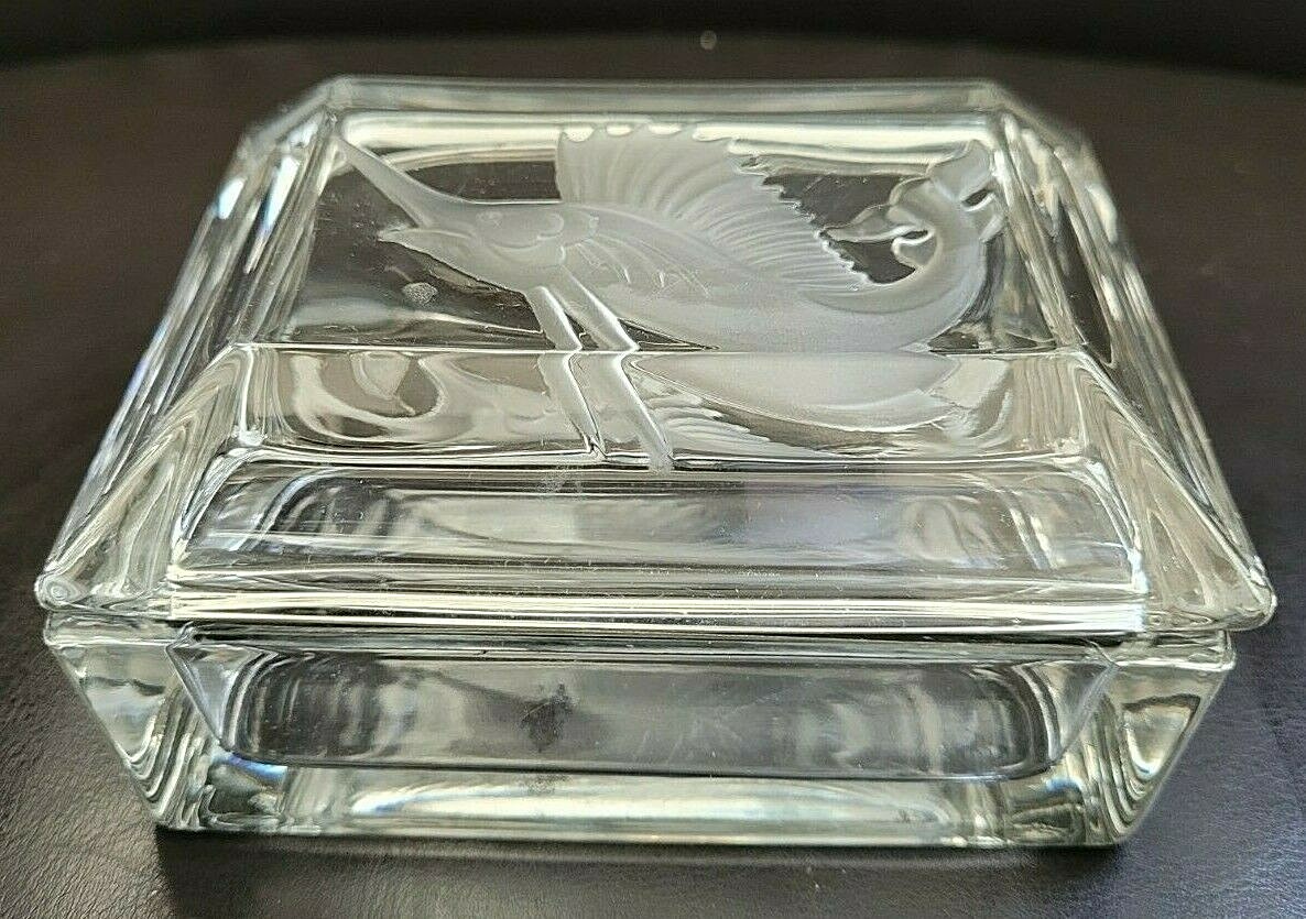 RARE VAL ST LAMBERT FACETED CRYSTAL JEWELRY TRINKET / CIGARETTE BOX w/ SWORDFISH