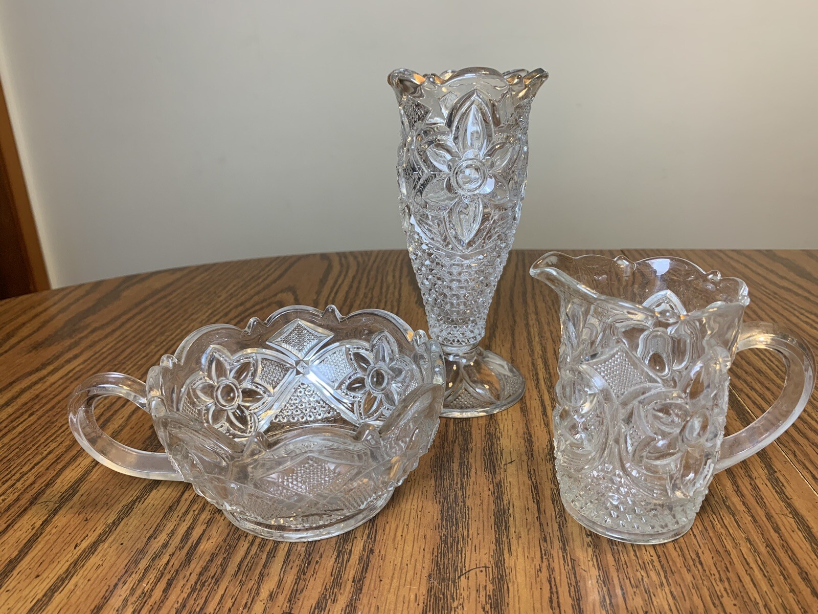 EAPG Tumbler U.S. Glass #15141 FLOWER with CANE Mini Pitcher, Nappy, Bud Vase