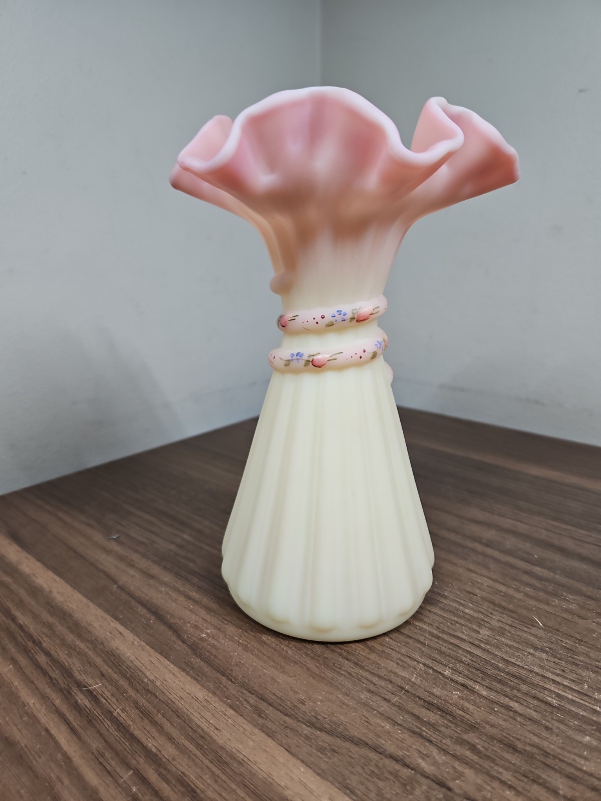 Fenton Burmese Satin Hand Painted Wheat Vase Special Order 1994 GLOWS!!!! W375
