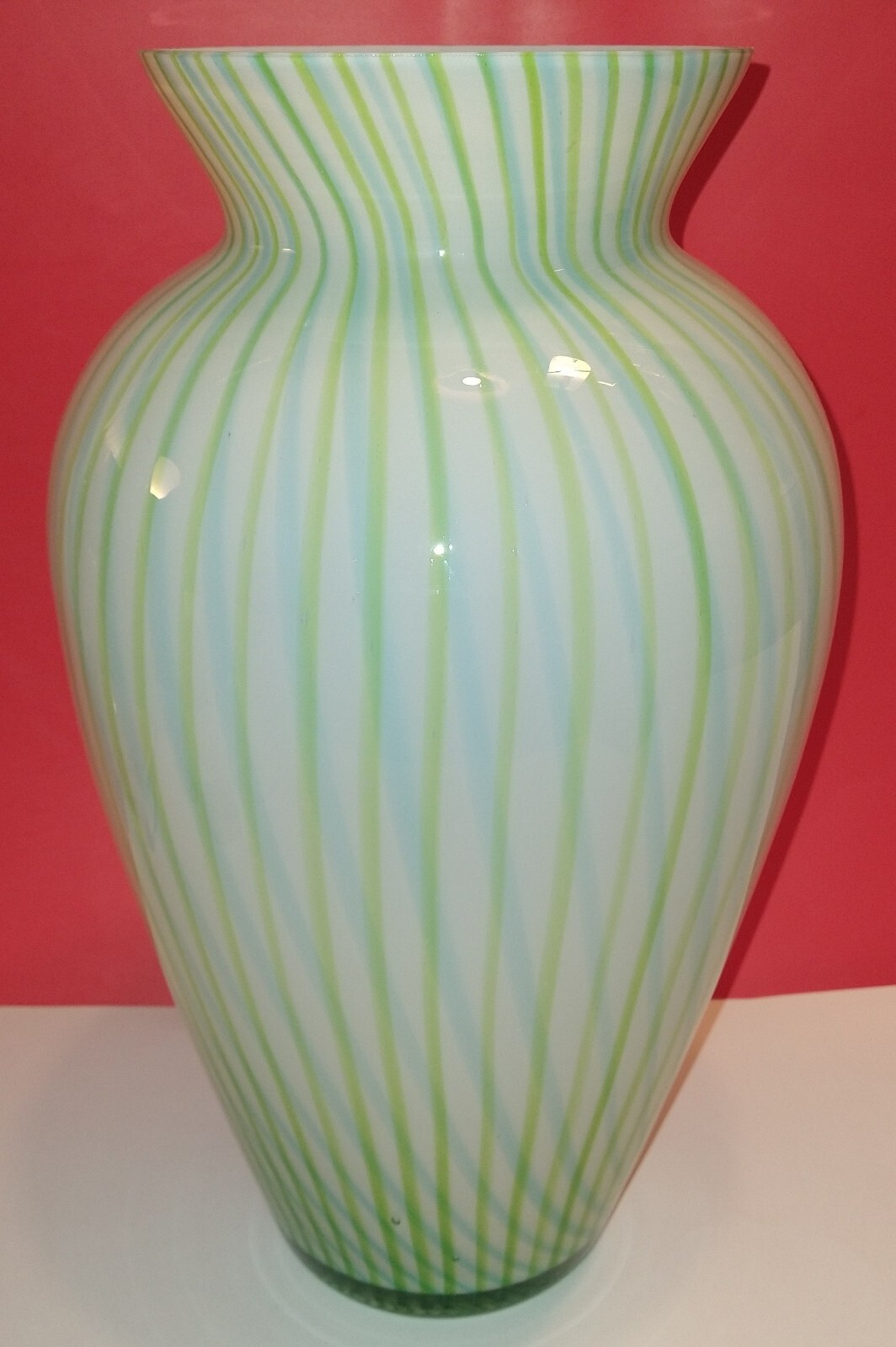 Large Beautiful Art Glass Vase Ribbon Stripes Blue Green White Clear 14 Inch