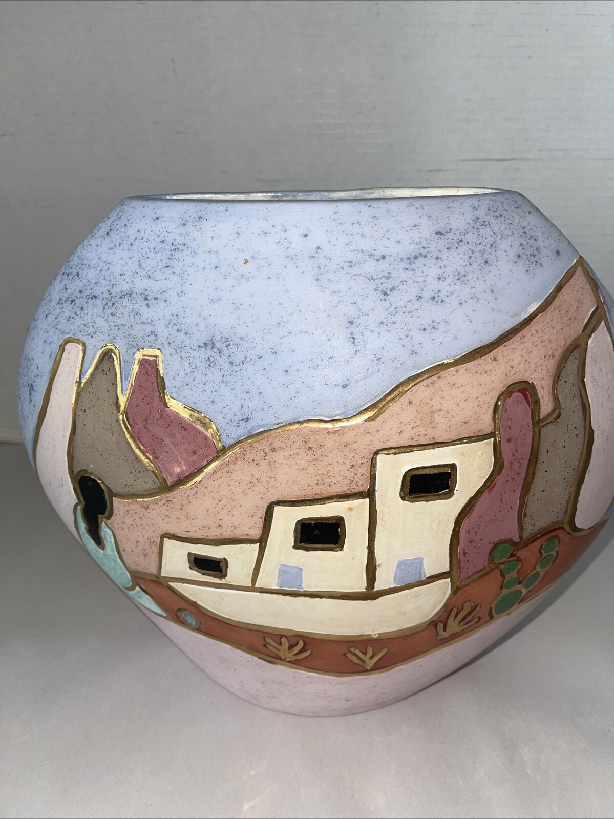 Southwest Native American Pottery Vase Hand-painted Gold Trim Large 10” Vintage