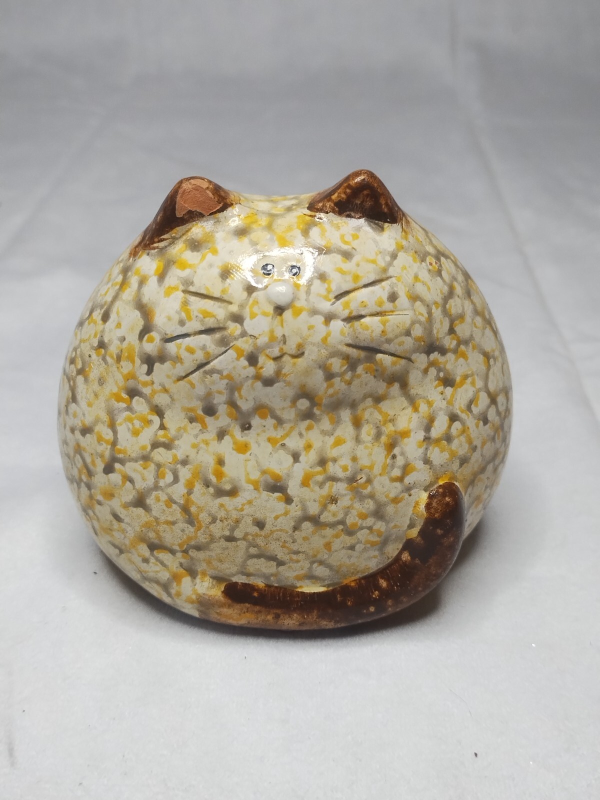 Orange Spotted Ceramic Cat Redware Pottery Spongeware Fat Kitty PAINT CHIPPED