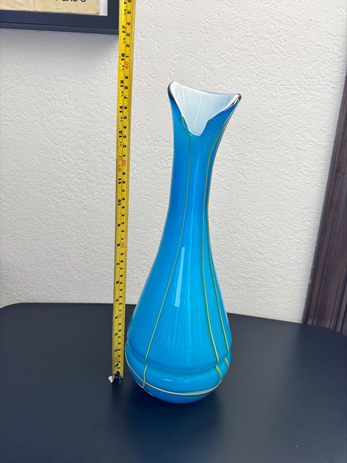 Hand Blown Studio Art Glass Vase Blue Yellow White Ribbon Swirl 15 In Tall