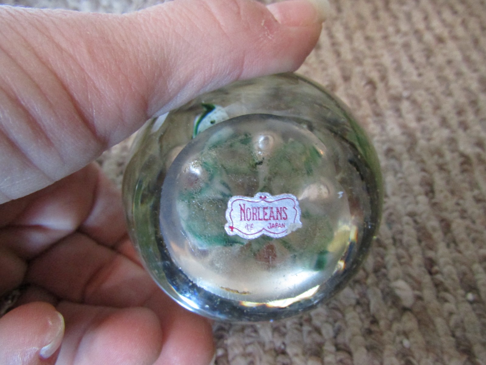 Hand Blown Art Glass Paperweight Clear & Green w/ Polished Bottom Norleans