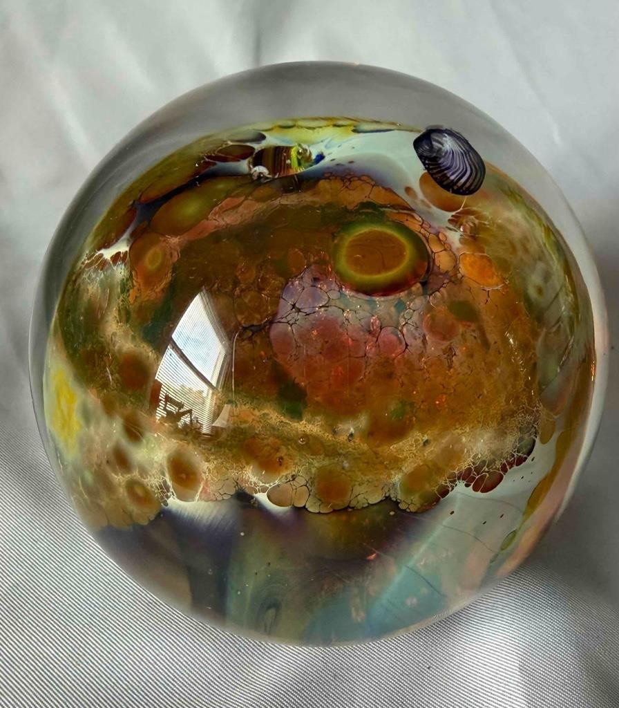 Josh SImpson Art Glass Paperweight 1987 3 1/4″ Inhabited Planets Signed Nice!
