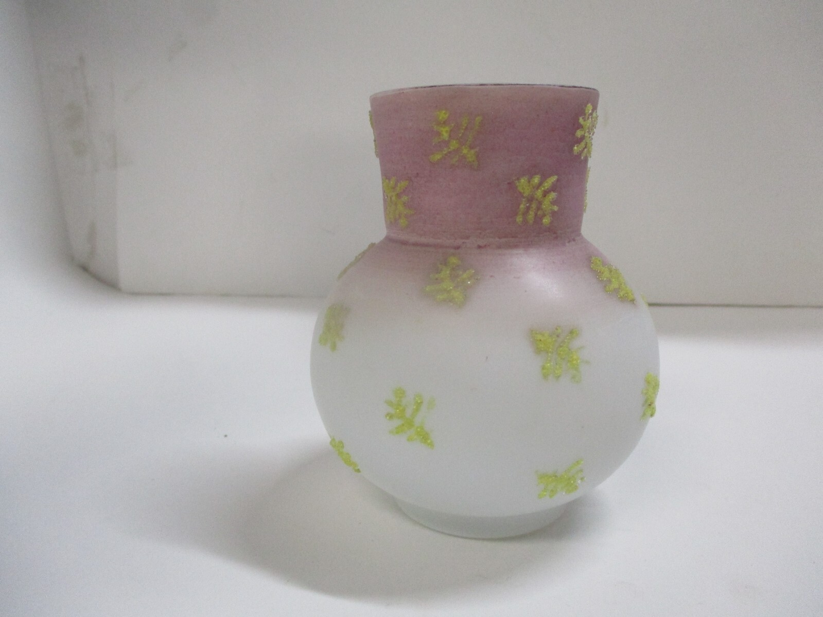 Antique 4″ Coralene Small Bulb Pink Vase Unknown Maker CHIPPED