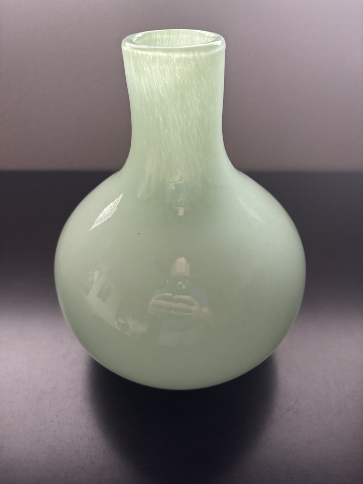 Vintage Mint Green Satin/Opalescent Art Glass Vase 9.5X6” Bulb Shape Hand Blown