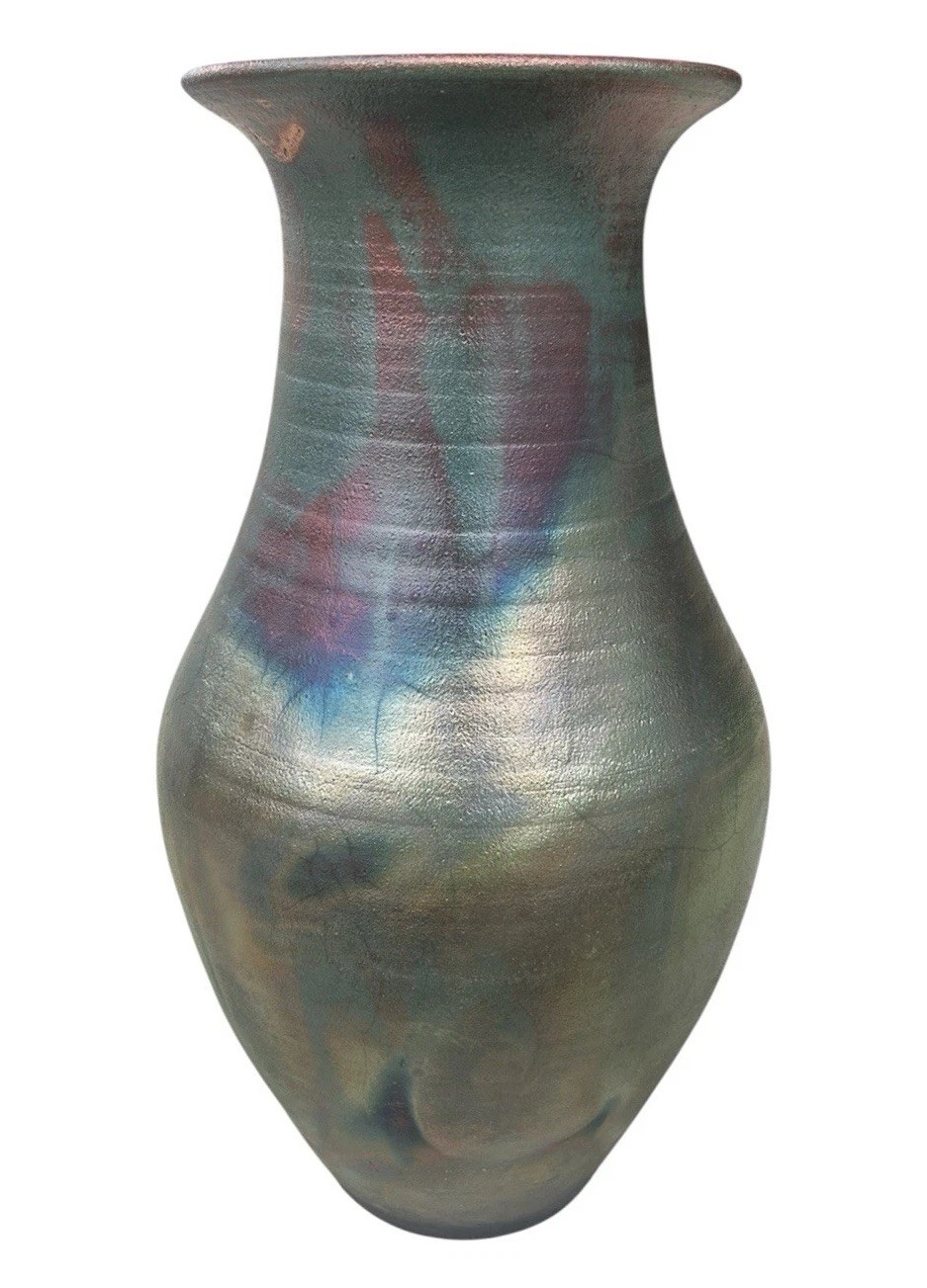 Raku Pottery Gorgeous 18” Tall Signed JC Iridescent Vase Blue Green Red