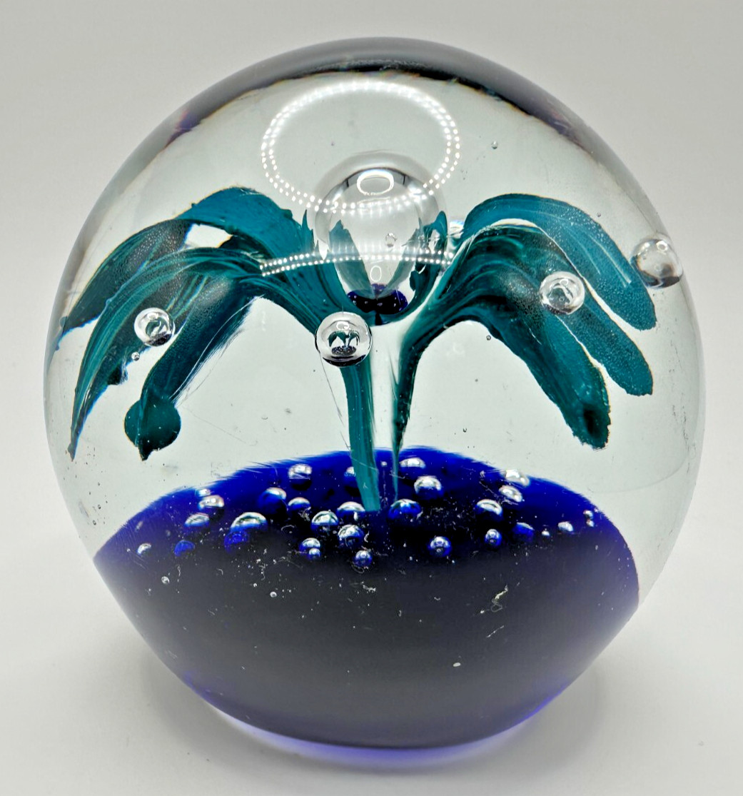 Controlled Bubbles Blue Green Art Glass Paperweight 3 1/2” Diameter