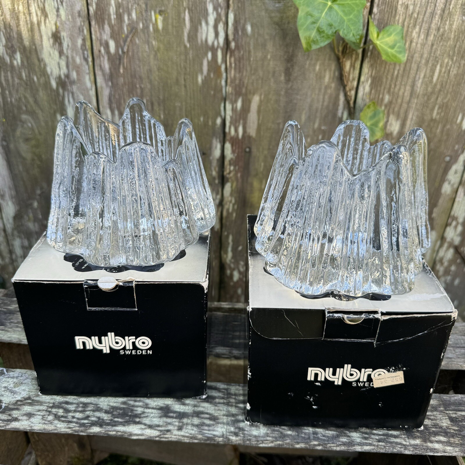 Nybro Volcano Candle Holder Clear Votive Textured Art Glass w/ Box VTG Set of 2