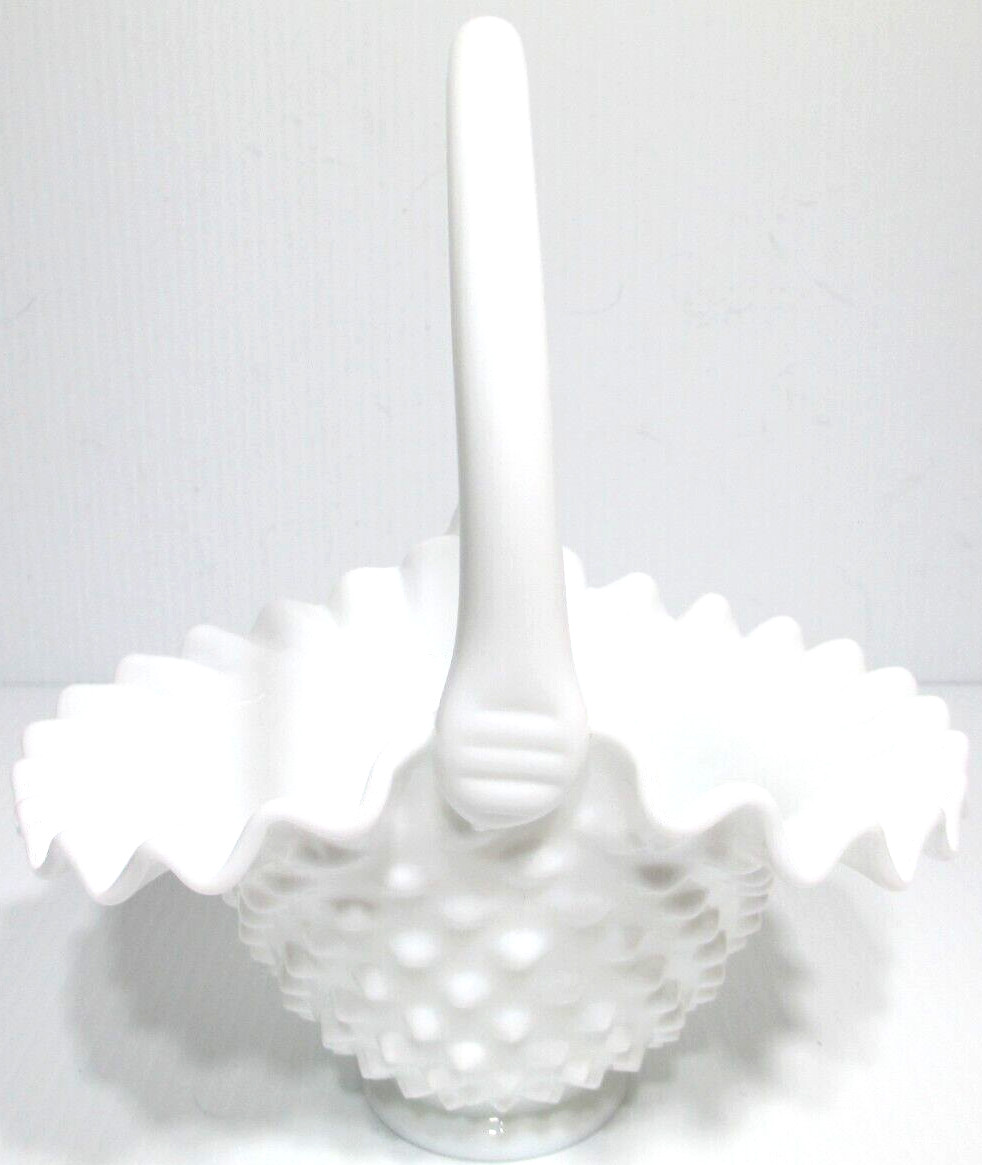Vintage Fenton Glass Basket White Milk Glass Hobnail 7 7/8″ Tall #2