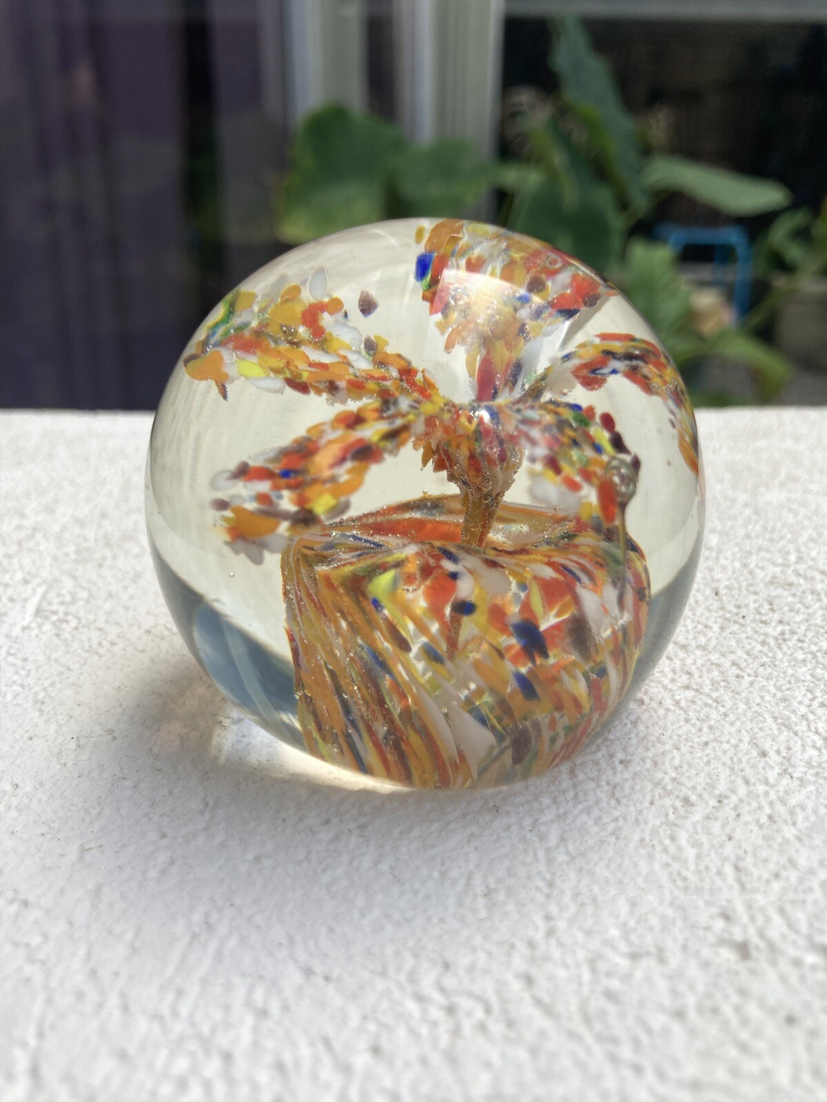 Art Glass Crystal Paperweight with Confetti Flower, Unsigned