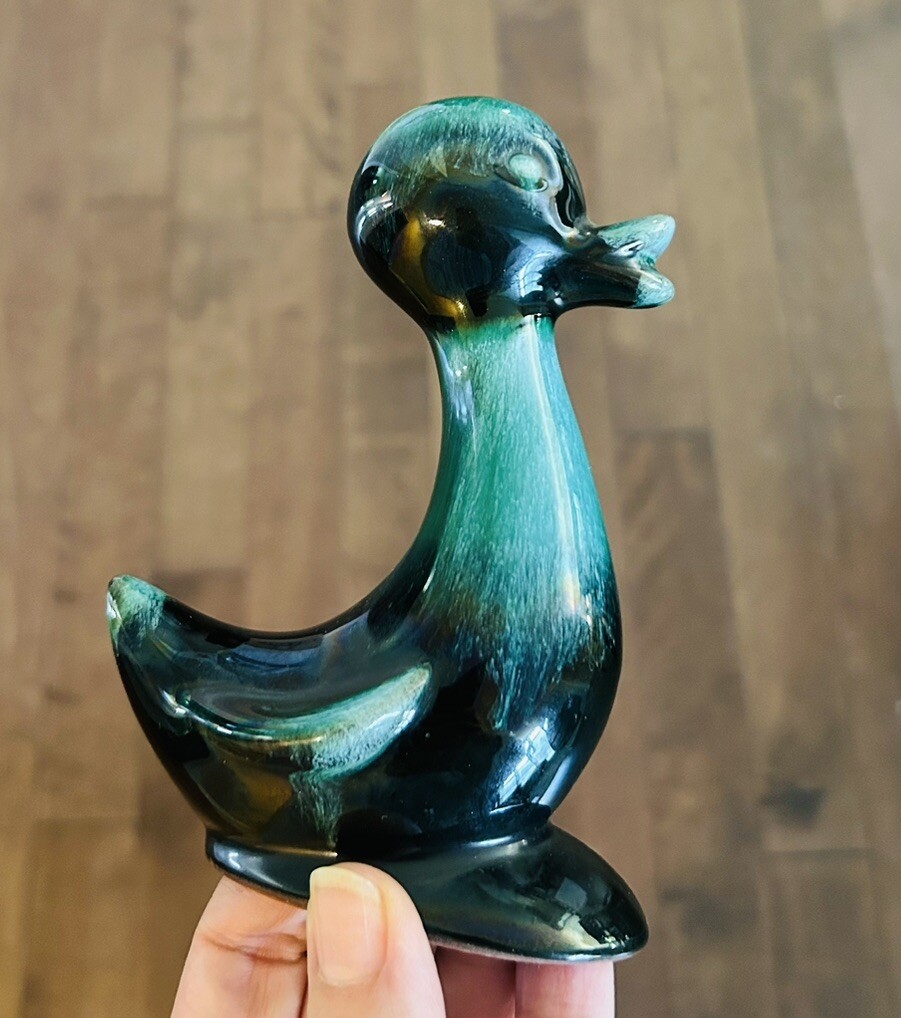 Blue Mountain Pottery BMP Redware Duck Duckling Figurine Blue Green Drip Glaze