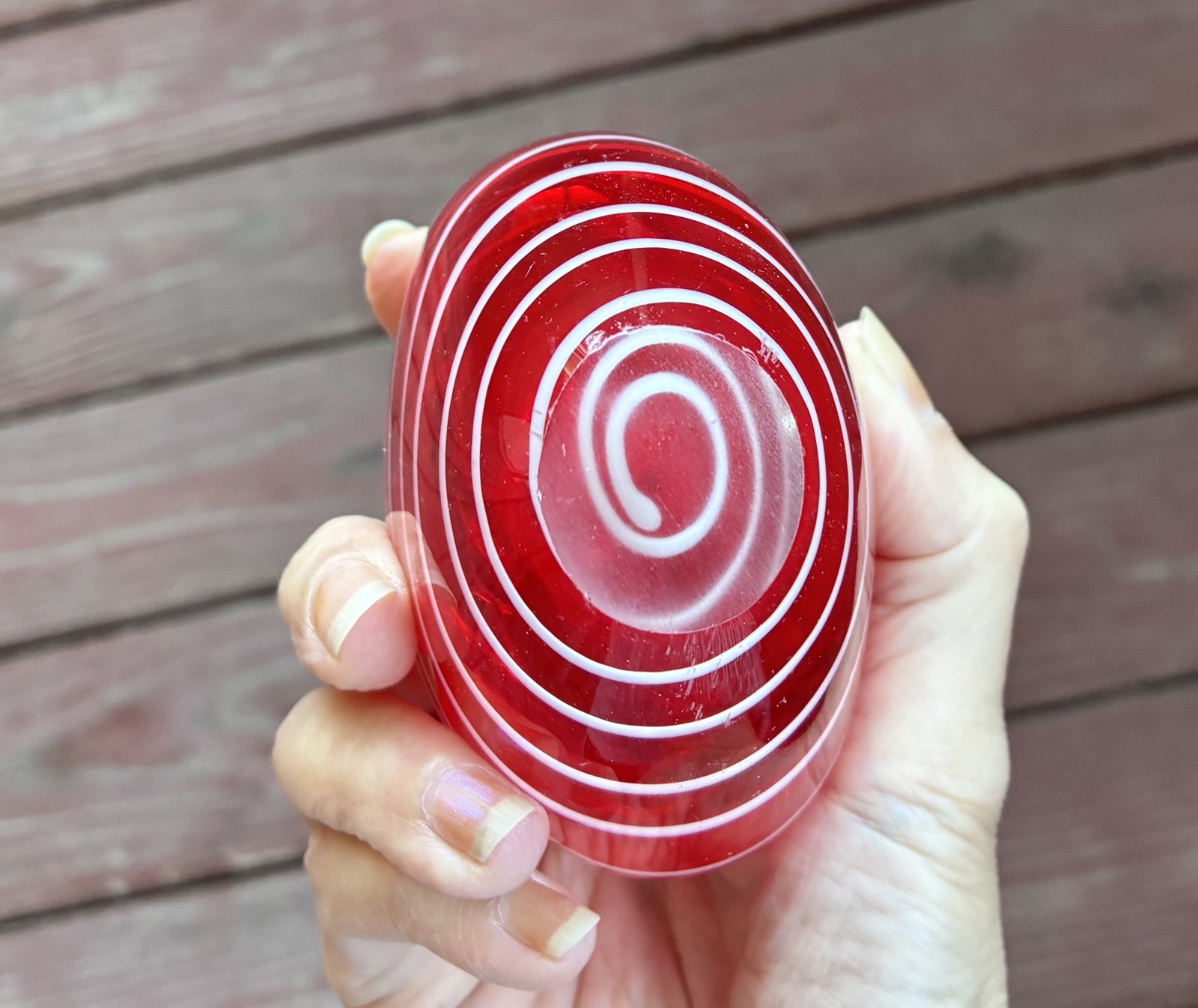 Art Glass Heart Shaped Bud Vase Paperweight Red White Swirls Stripes Handblown