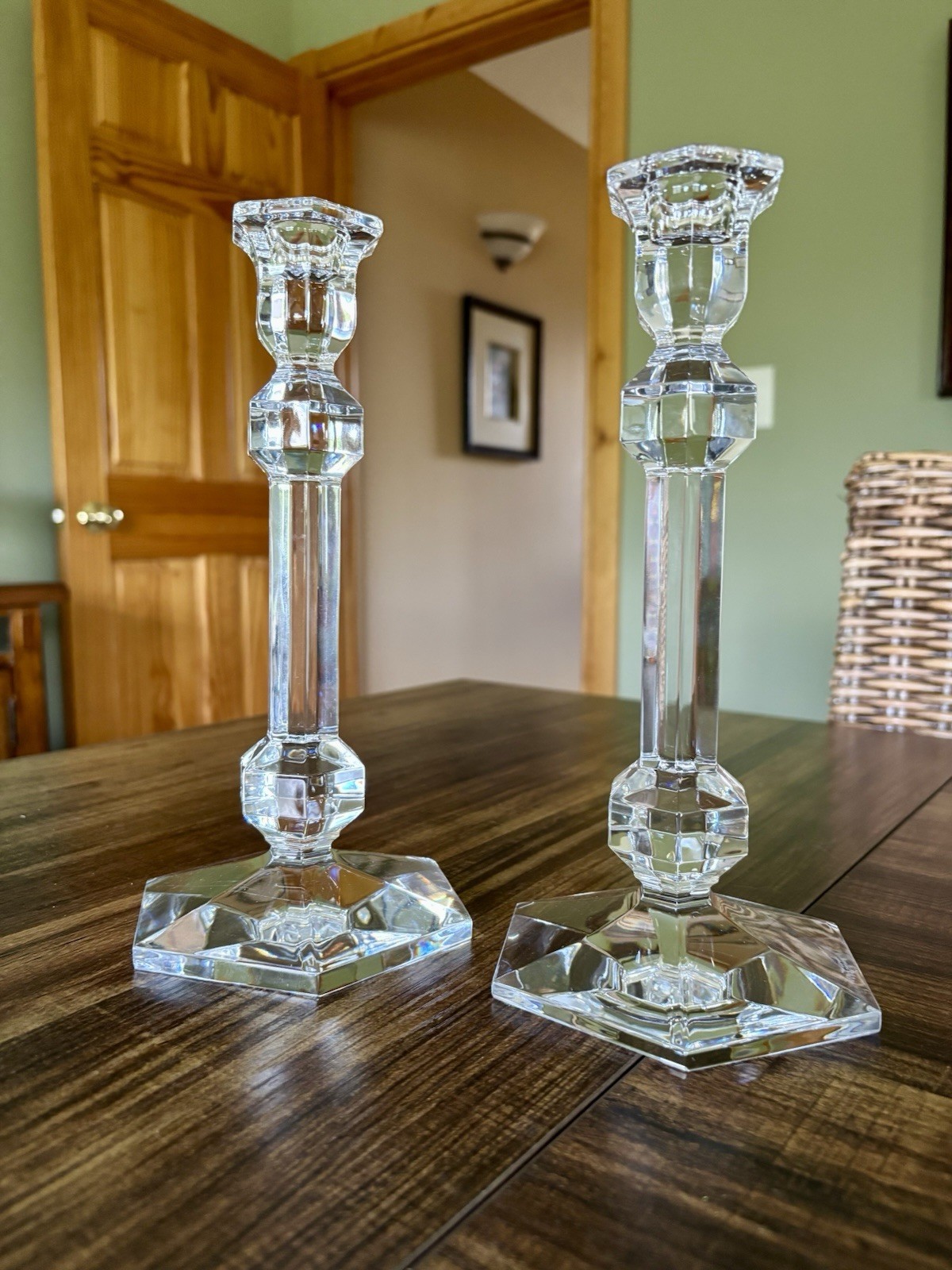 Lead Crystal Pair Candlesticks Taper Candle Holders Val St Lambert 9-1/2 Belgium