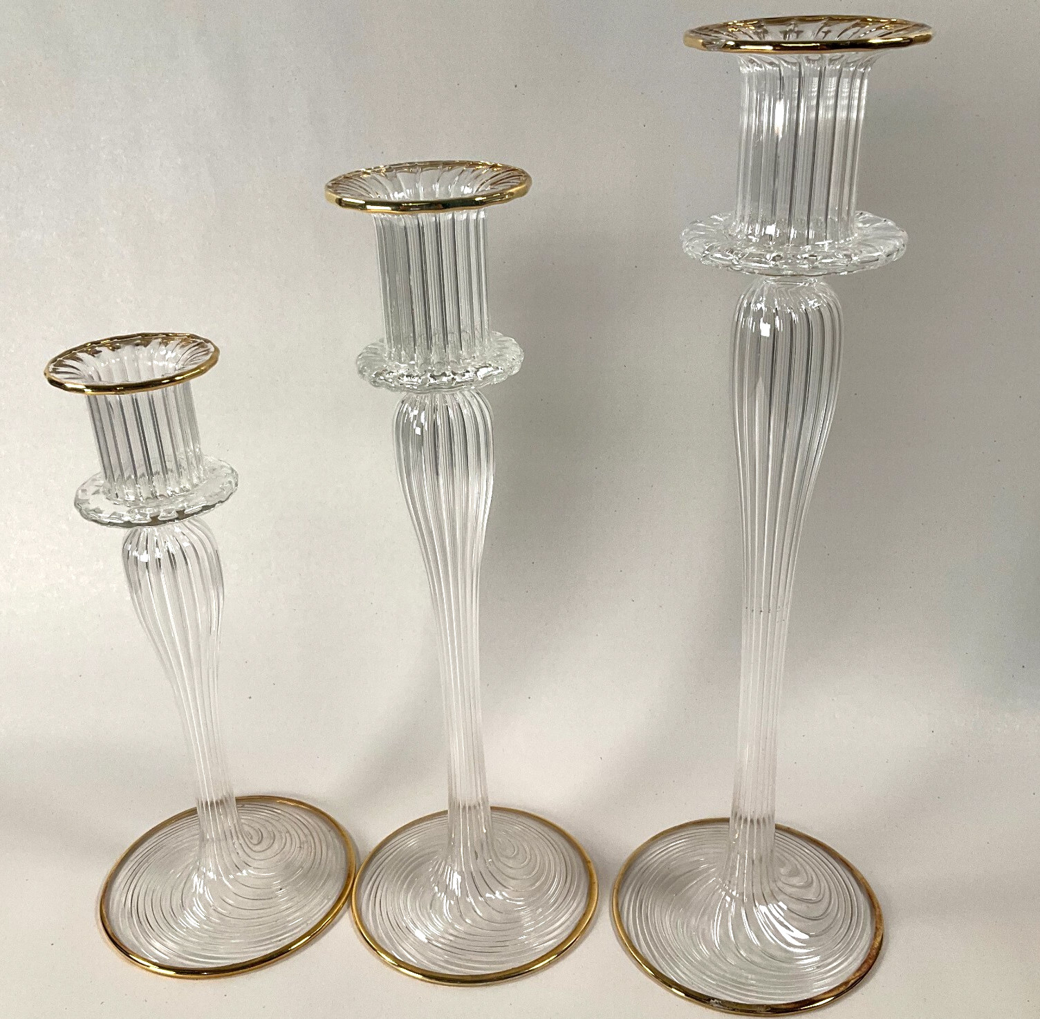 Twisted Glass Candlestick Holders Gold Trim Long Stem Set of 3 Vintage