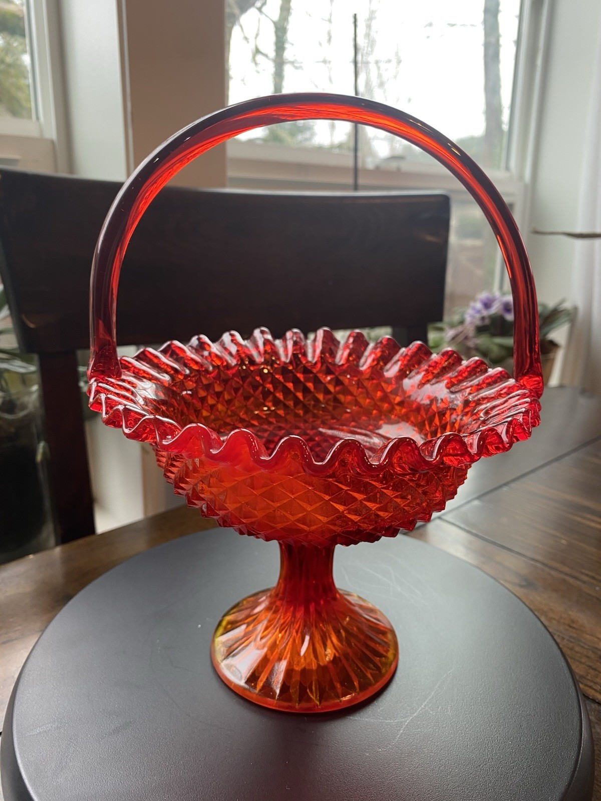 Rare Vintage Amberina Pedestal Basket Hobnail Pattern Fenton?