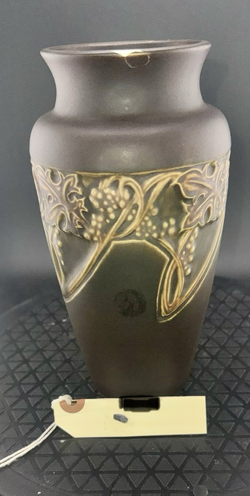 ROSEVILLE ROSECRAFT VINTAGE 9” VASE W/CHIP & REPAIR AT RIM. FRAGMENT INCLUDED