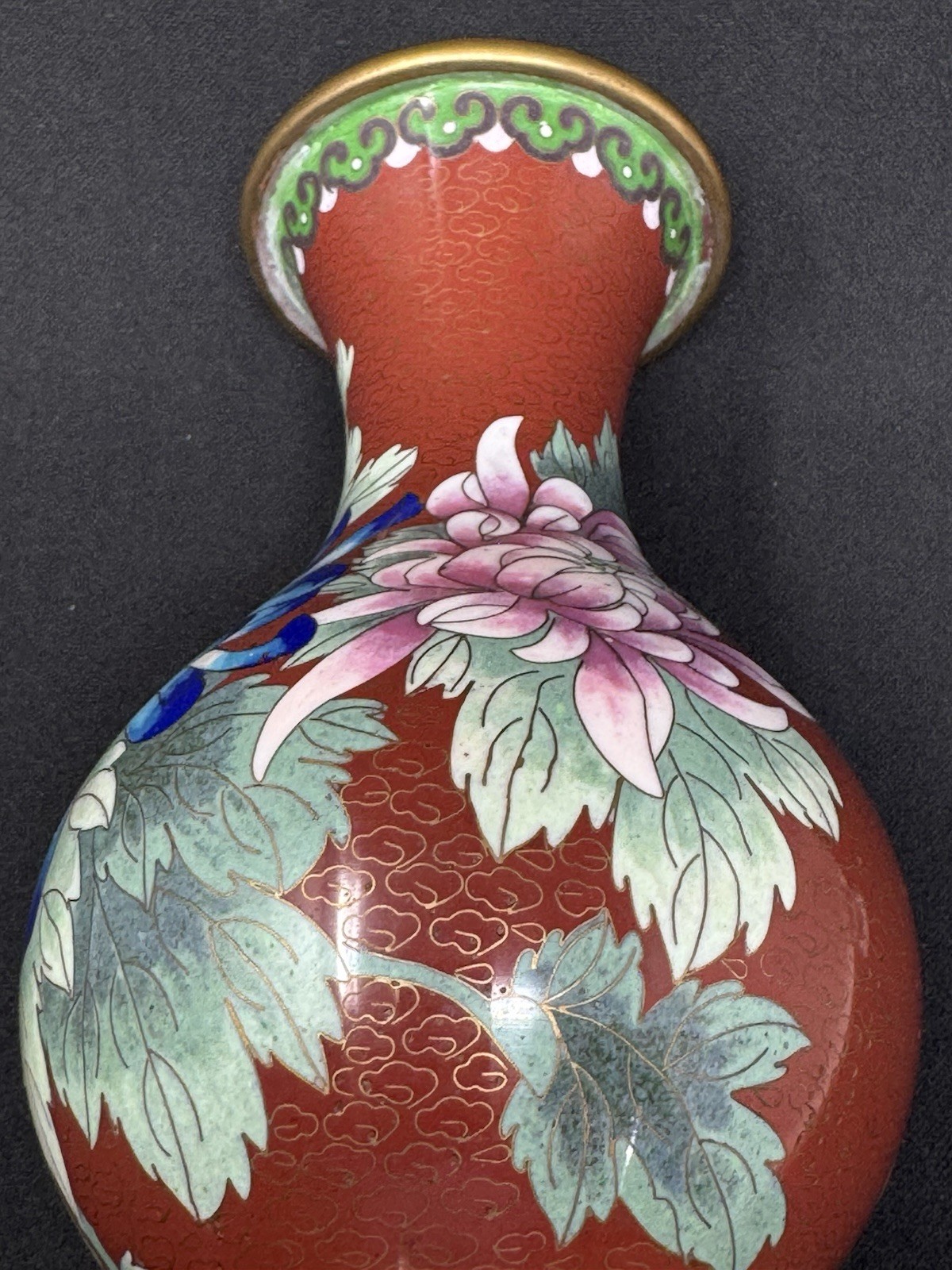 Vintage Chinese Cloisonne Enamel Vase Flowers & Butterfly