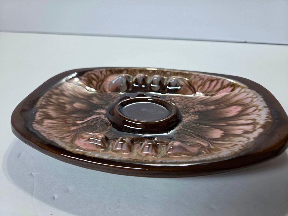 Vintage 1960s MCM Ceramic Drip Glaze Ashtray Trinket Dish Brown & Pink 7.25″