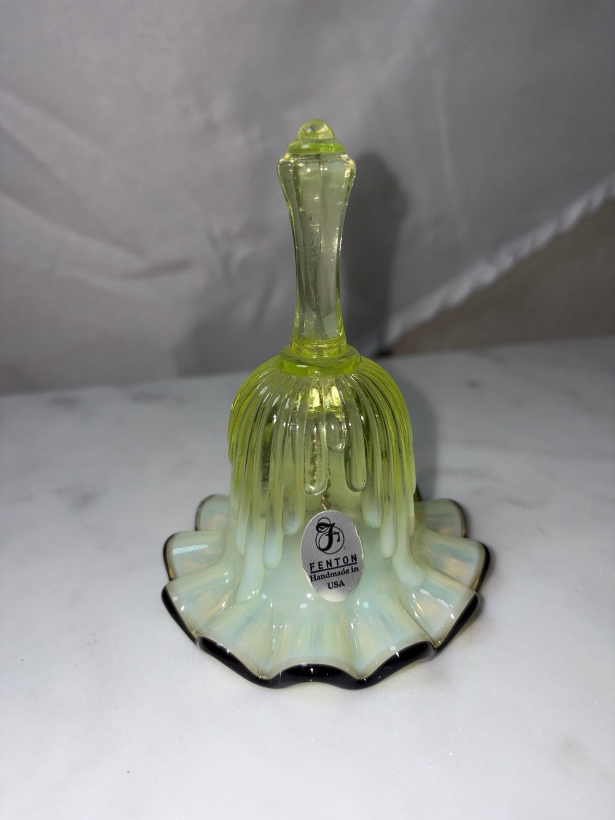 Rare Vintage Fenton Vaseline Topaz Ebony Crest Mini Bell *GLOWS*