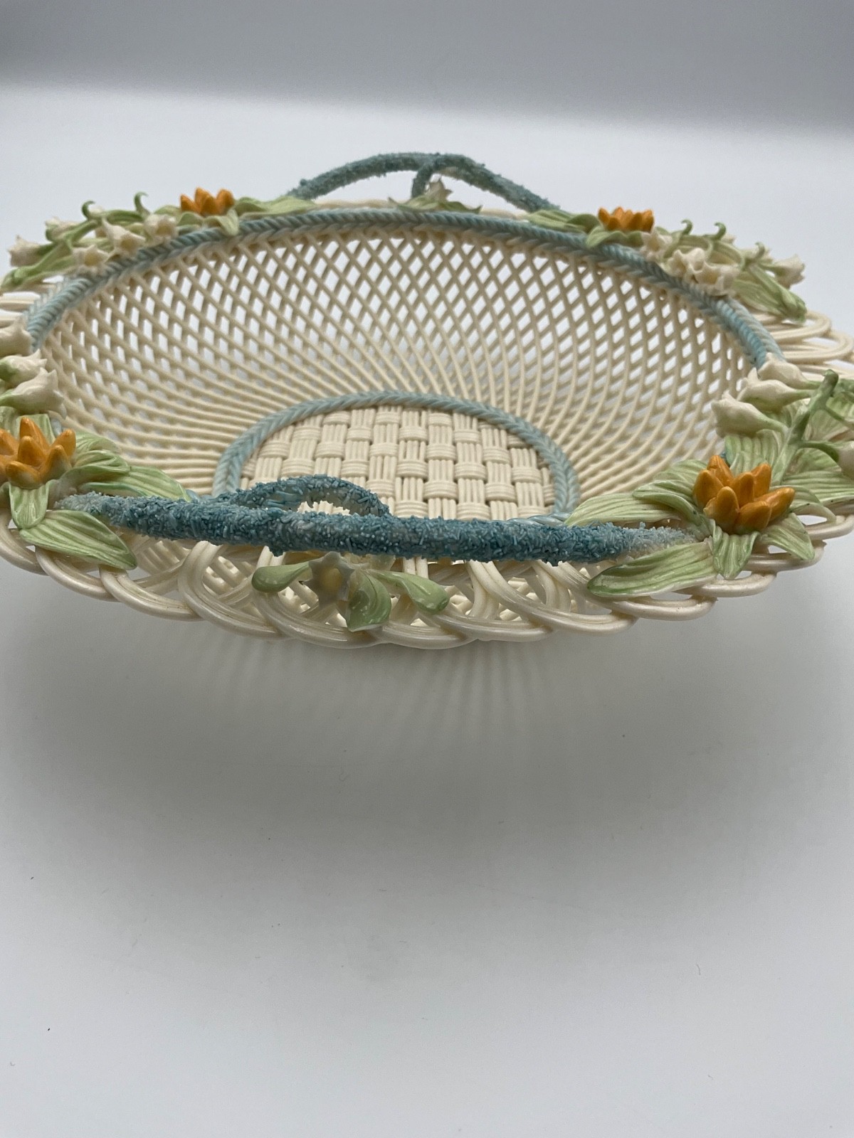 Belleek Lily of the Valley 9″ Basketweave Dish Bowl Ireland Porcelain