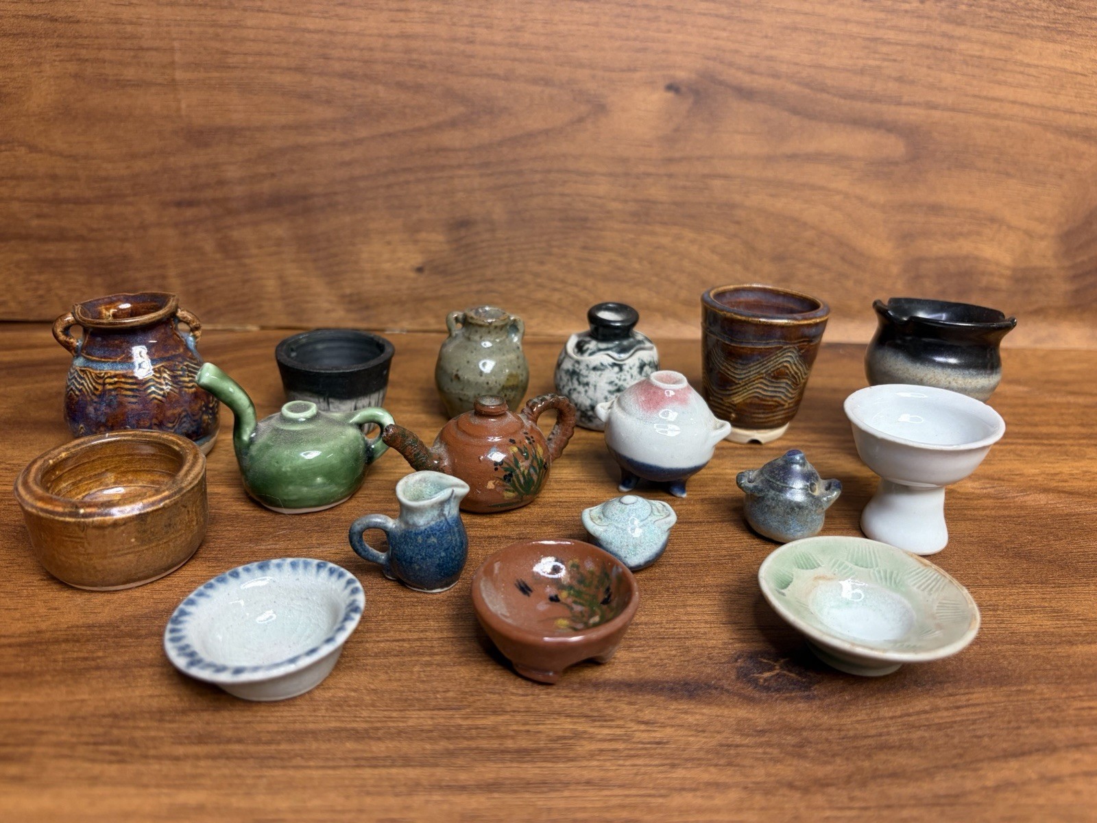 Vintage Painted Pottery Vessel Tiny Pots Lot 17 Miniature Shelf Decor Blue Green