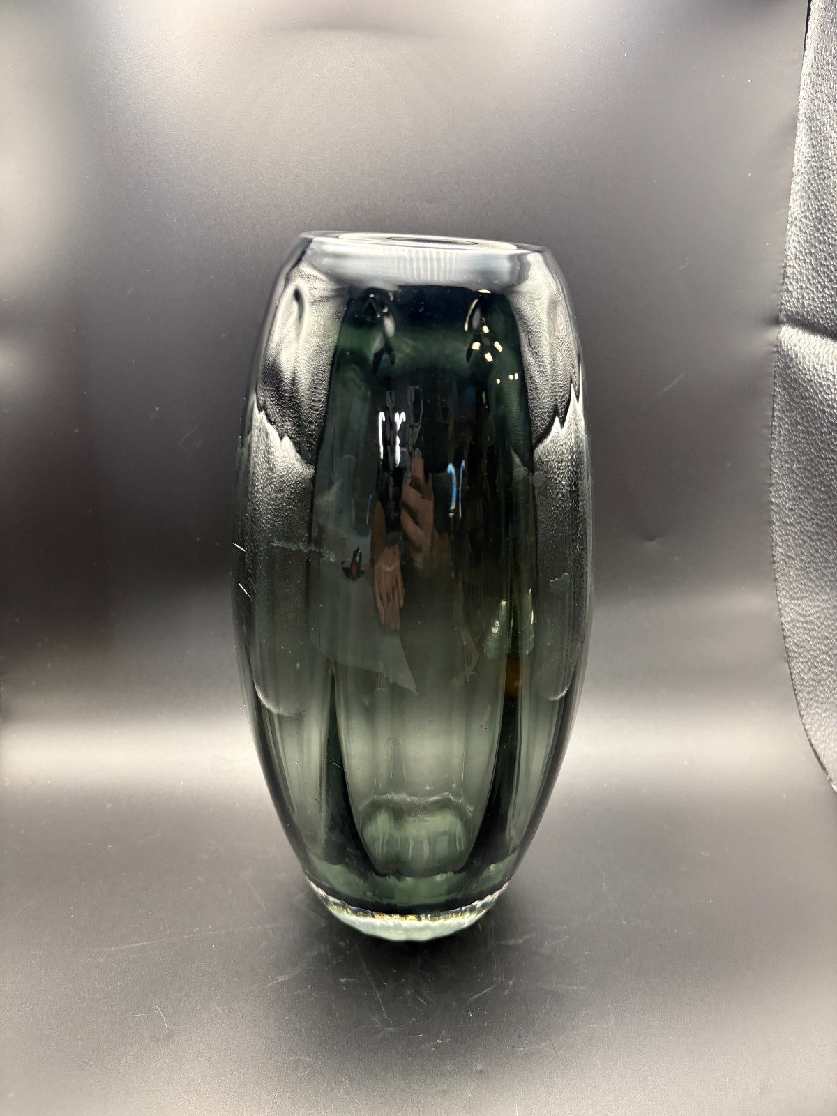 Torpedo Art Glass Vase Smoke Gray Green Optic Ribbed Polish Eastern European