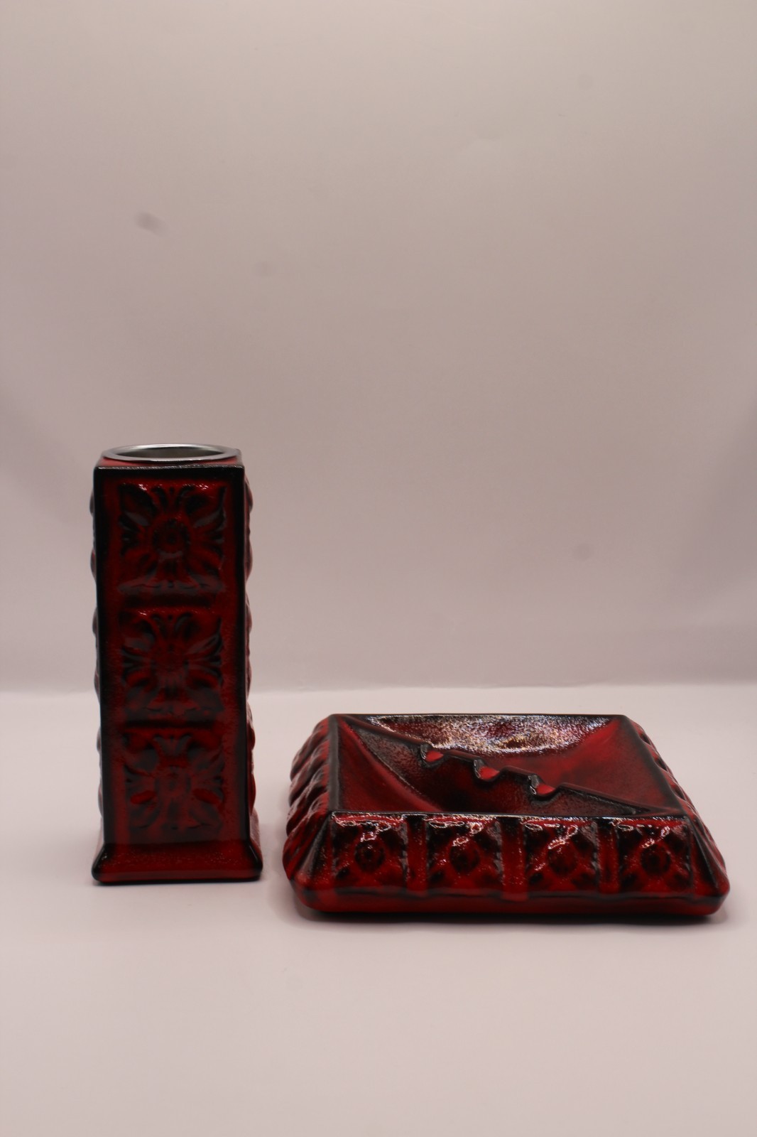 Vintage West Germany Style Ceramic Ash Tray & Candle Holder Beautiful Red Glaze